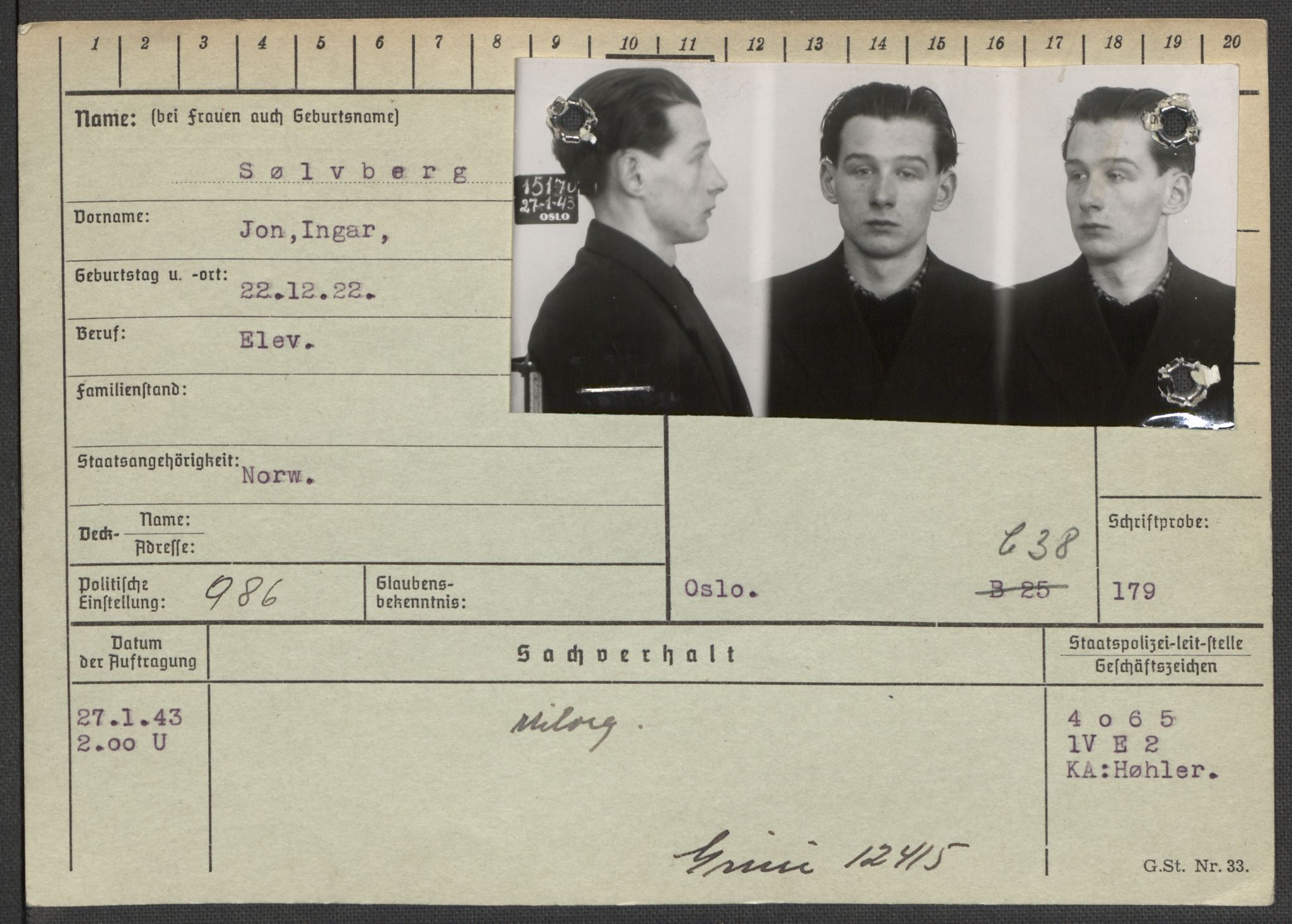 Befehlshaber der Sicherheitspolizei und des SD, RA/RAFA-5969/E/Ea/Eaa/L0010: Register over norske fanger i Møllergata 19: Sø-Å, 1940-1945, p. 2