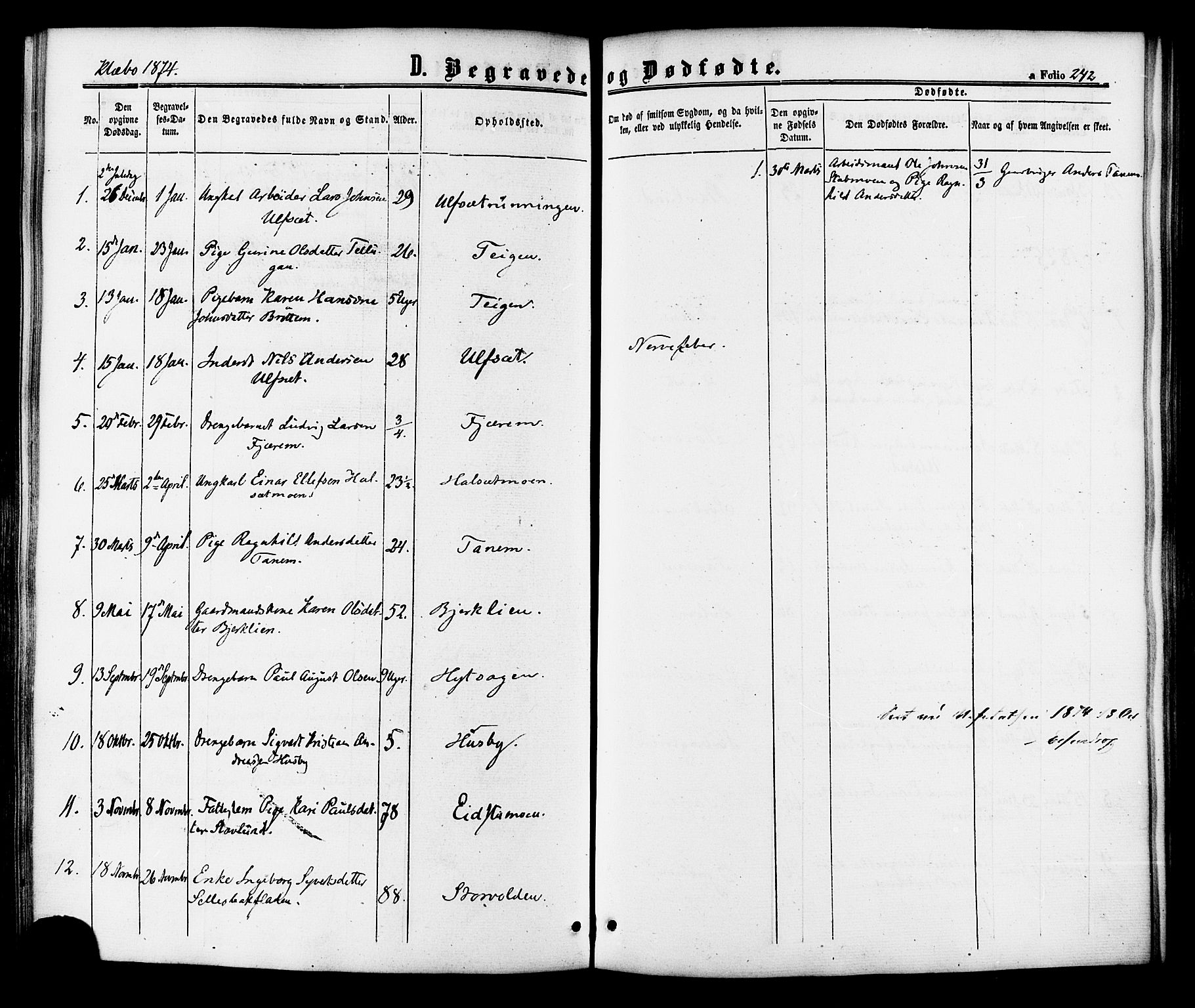 Ministerialprotokoller, klokkerbøker og fødselsregistre - Sør-Trøndelag, SAT/A-1456/618/L0442: Parish register (official) no. 618A06 /1, 1863-1879, p. 242