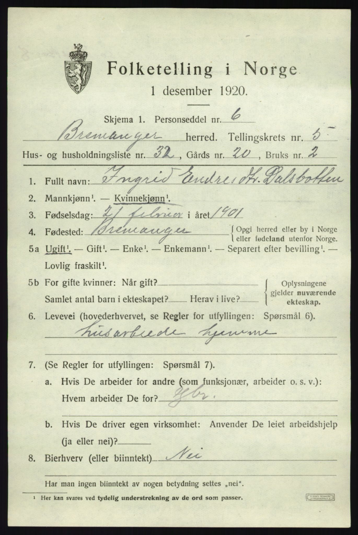 SAB, 1920 census for Bremanger, 1920, p. 3994