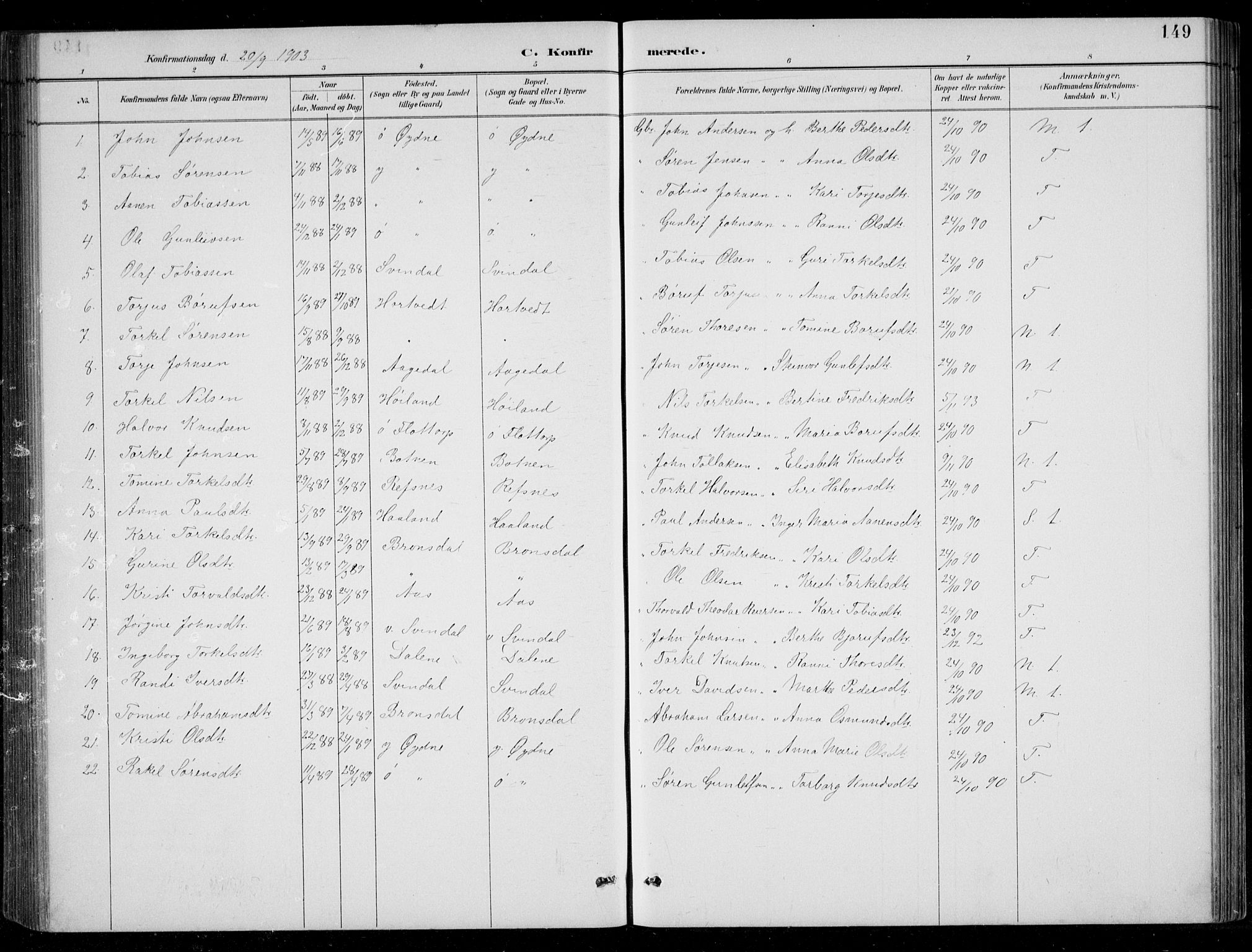 Bjelland sokneprestkontor, SAK/1111-0005/F/Fb/Fbc/L0003: Parish register (copy) no. B 3, 1887-1924, p. 149