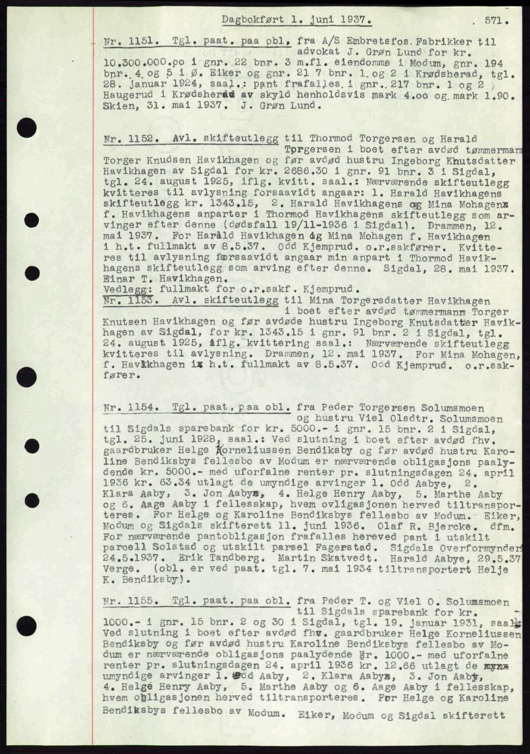 Eiker, Modum og Sigdal sorenskriveri, SAKO/A-123/G/Ga/Gab/L0035: Mortgage book no. A5, 1937-1937, Diary no: : 1151/1937
