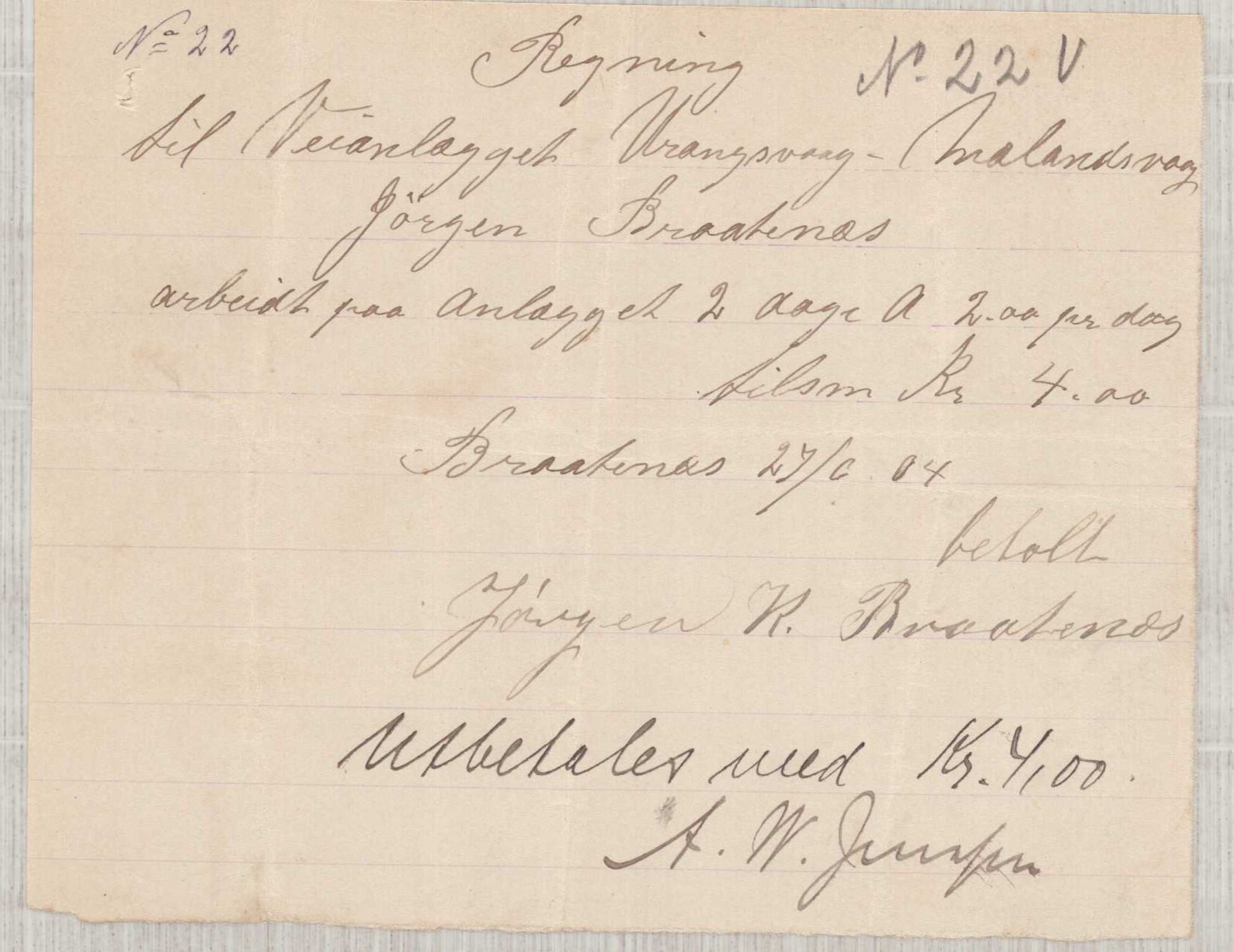 Finnaas kommune. Formannskapet, IKAH/1218a-021/E/Ea/L0002/0003: Rekneskap for veganlegg / Rekneskap for veganlegget Urangsvåg - Mælandsvåg, 1904-1905, p. 32