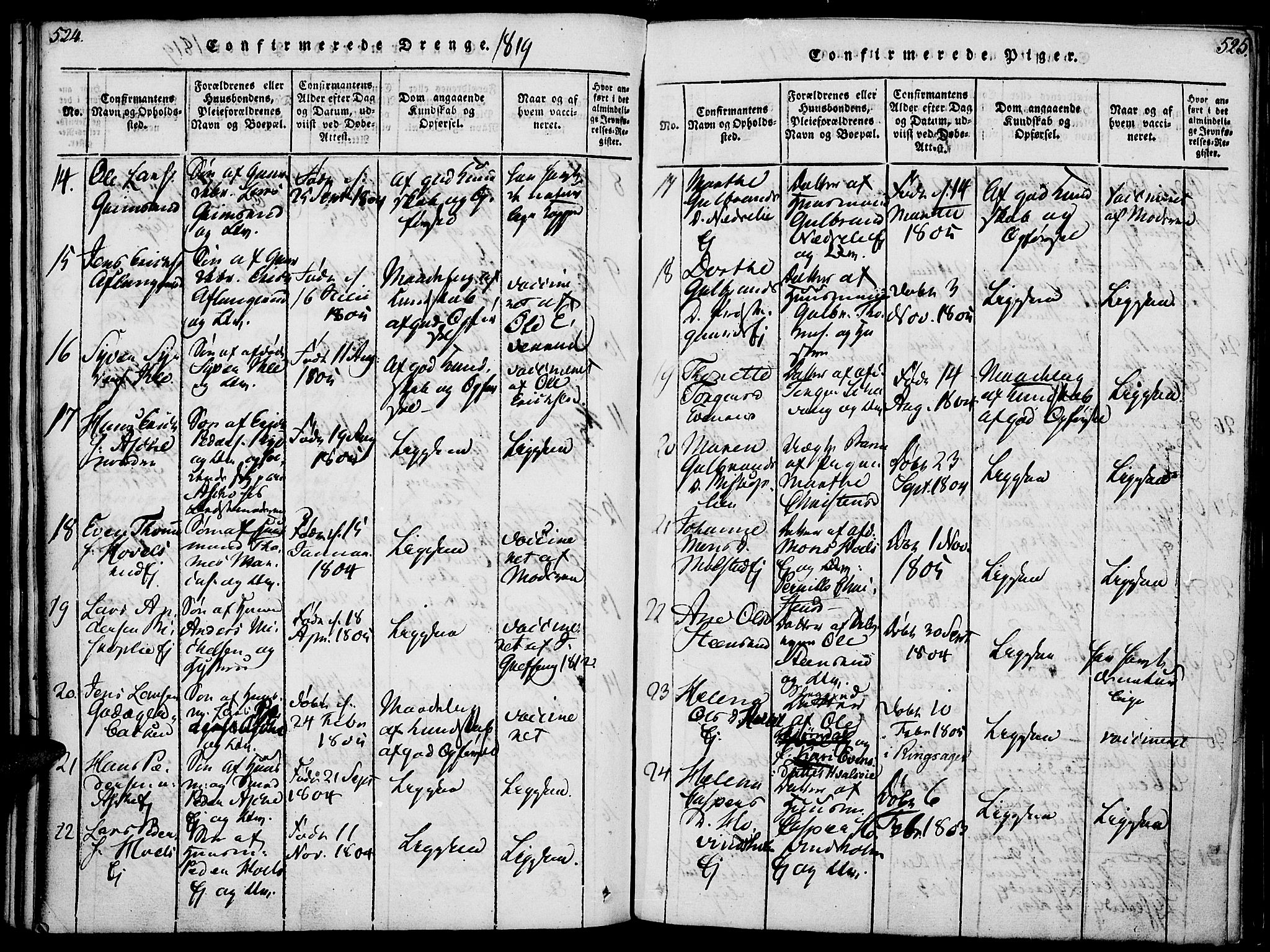 Nes prestekontor, Hedmark, SAH/PREST-020/K/Ka/L0002: Parish register (official) no. 2, 1813-1827, p. 524-525