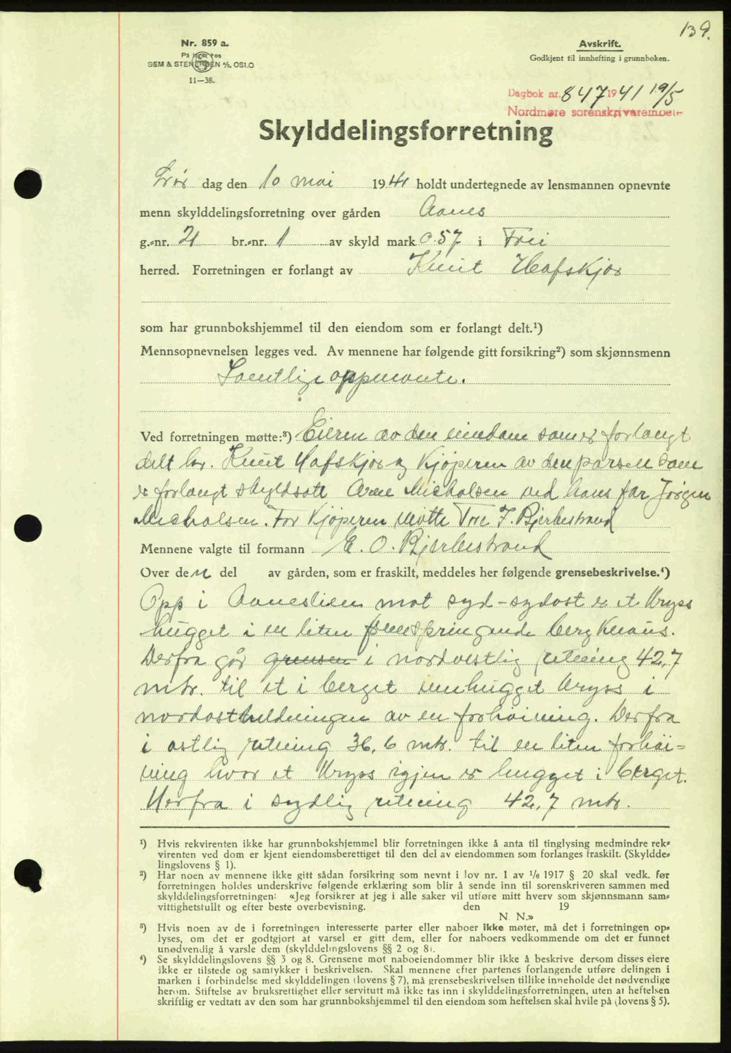 Nordmøre sorenskriveri, SAT/A-4132/1/2/2Ca: Mortgage book no. A90, 1941-1941, Diary no: : 847/1941