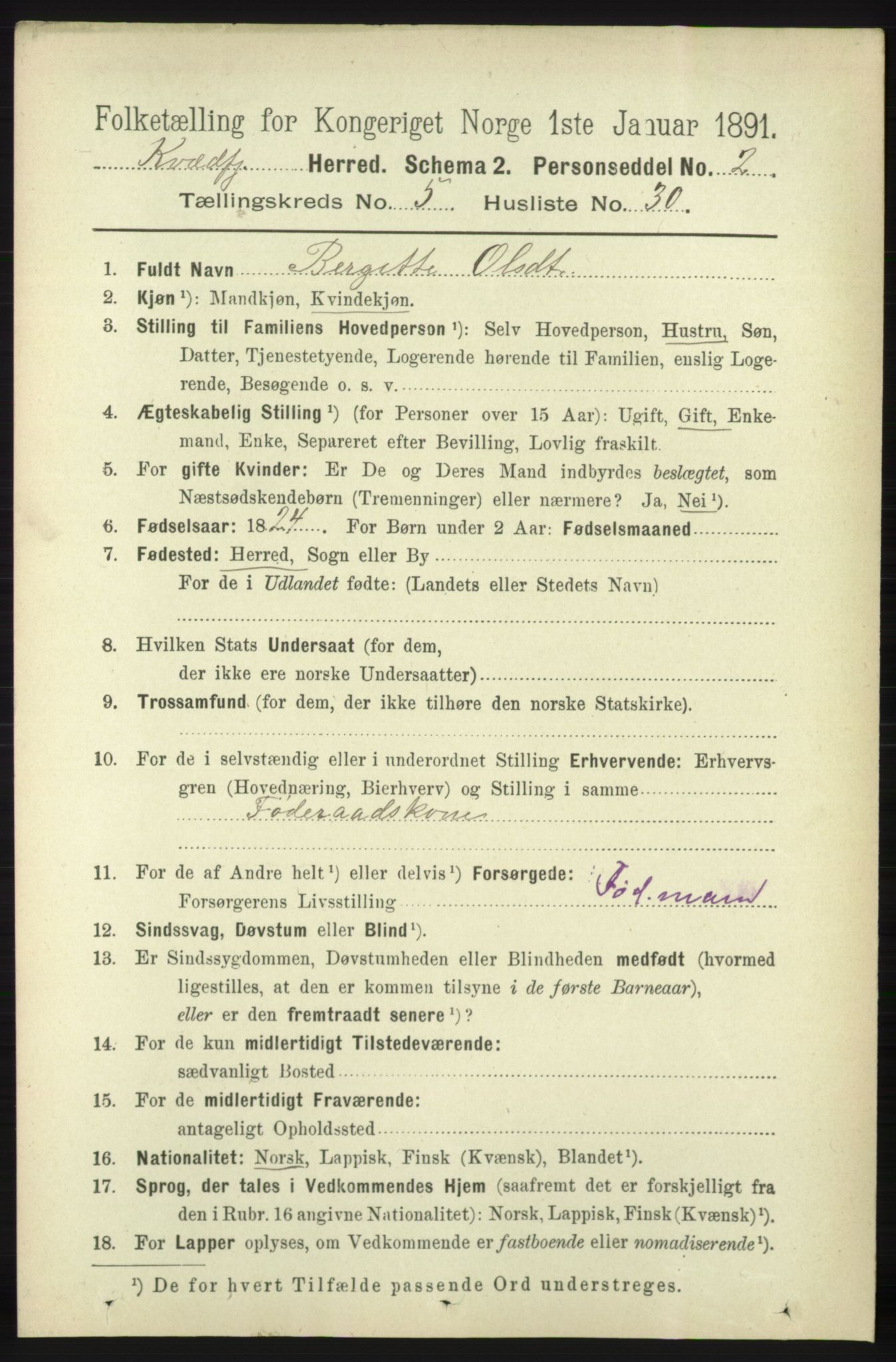 RA, 1891 census for 1911 Kvæfjord, 1891, p. 3045