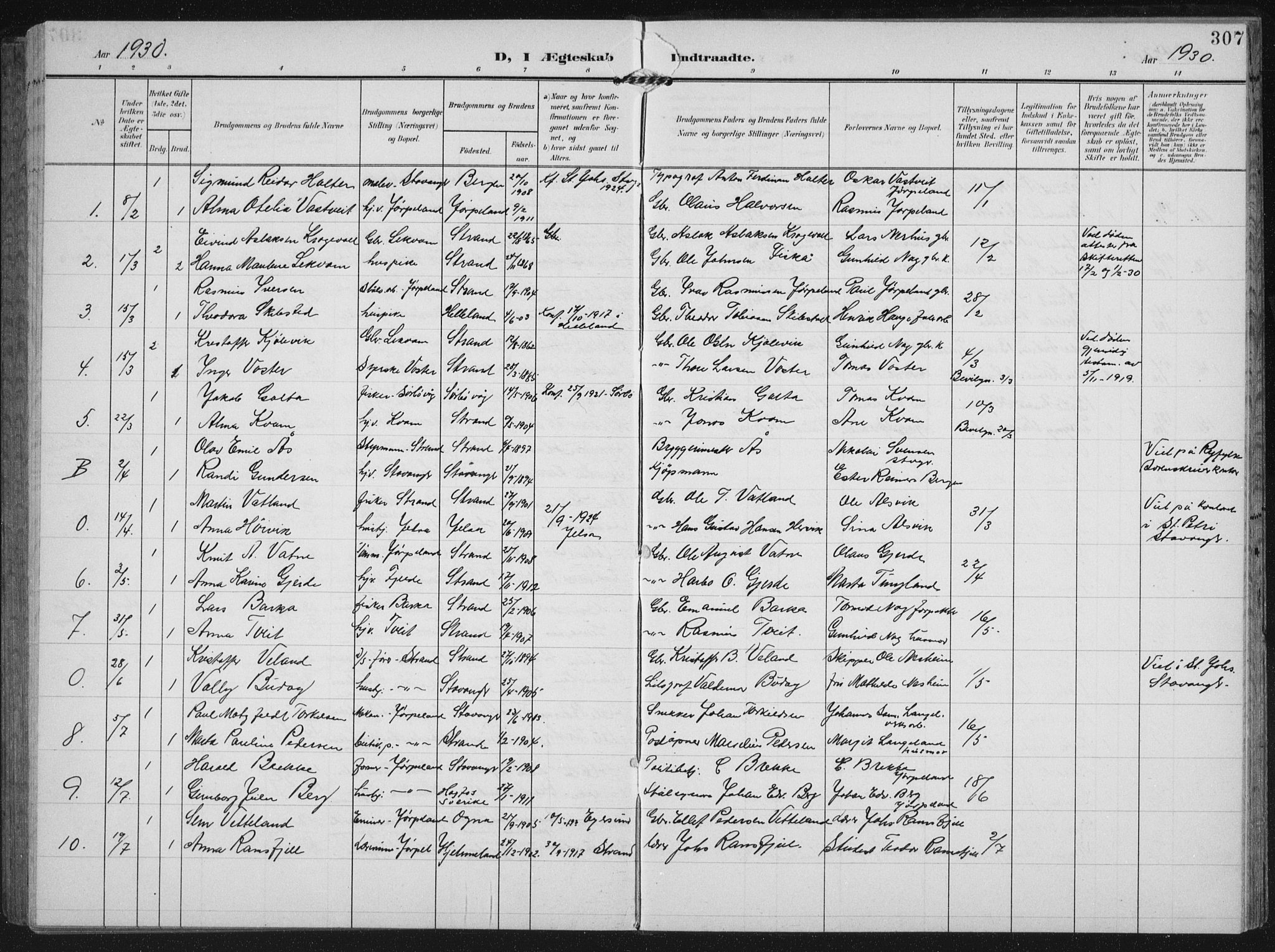 Strand sokneprestkontor, AV/SAST-A-101828/H/Ha/Hab/L0005: Parish register (copy) no. B 5, 1904-1934, p. 307