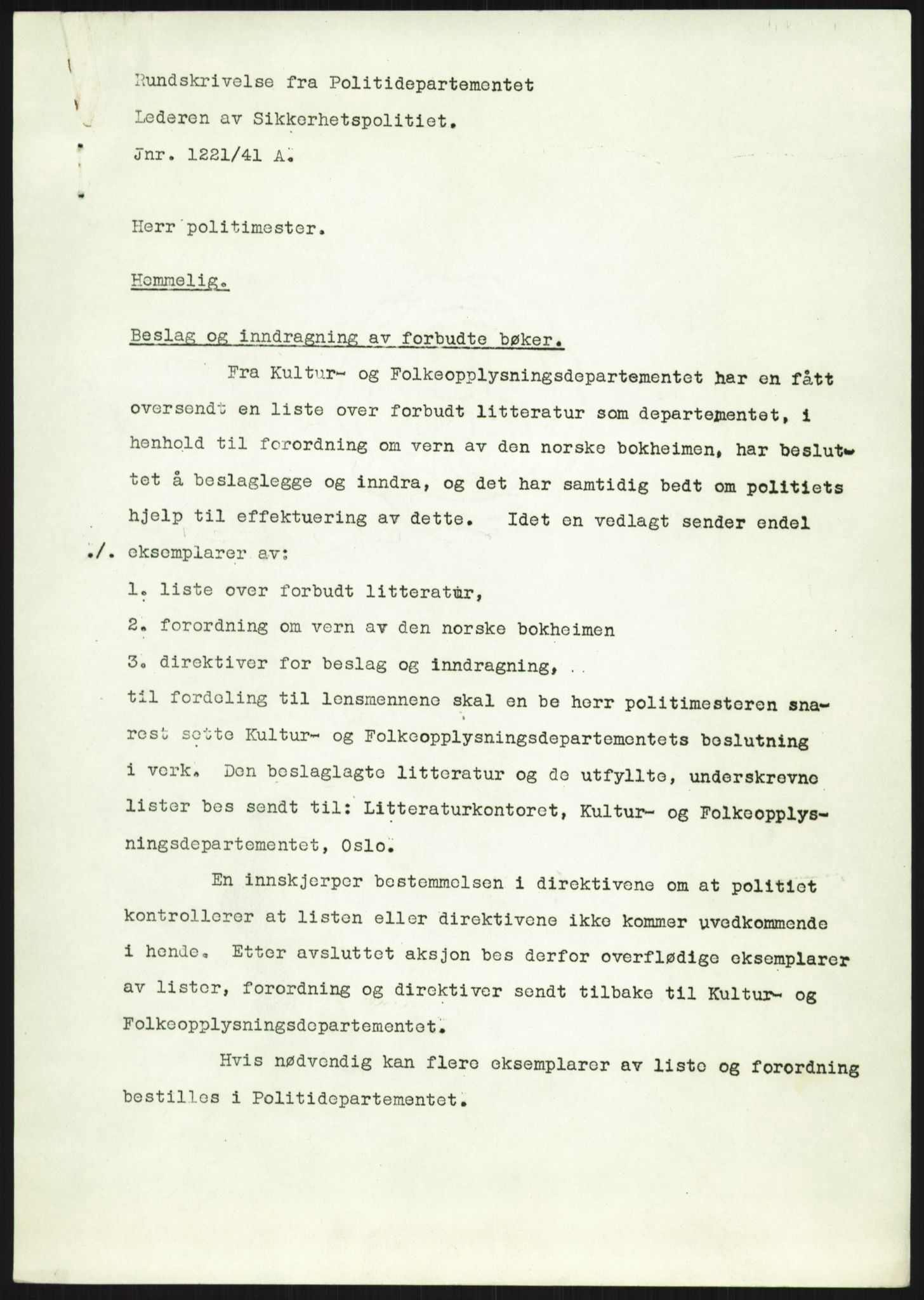 Statspolitiet - Hovedkontoret / Osloavdelingen, AV/RA-S-1329/F/L0091: Beslaglagt litteratur, 1941-1943, p. 1039