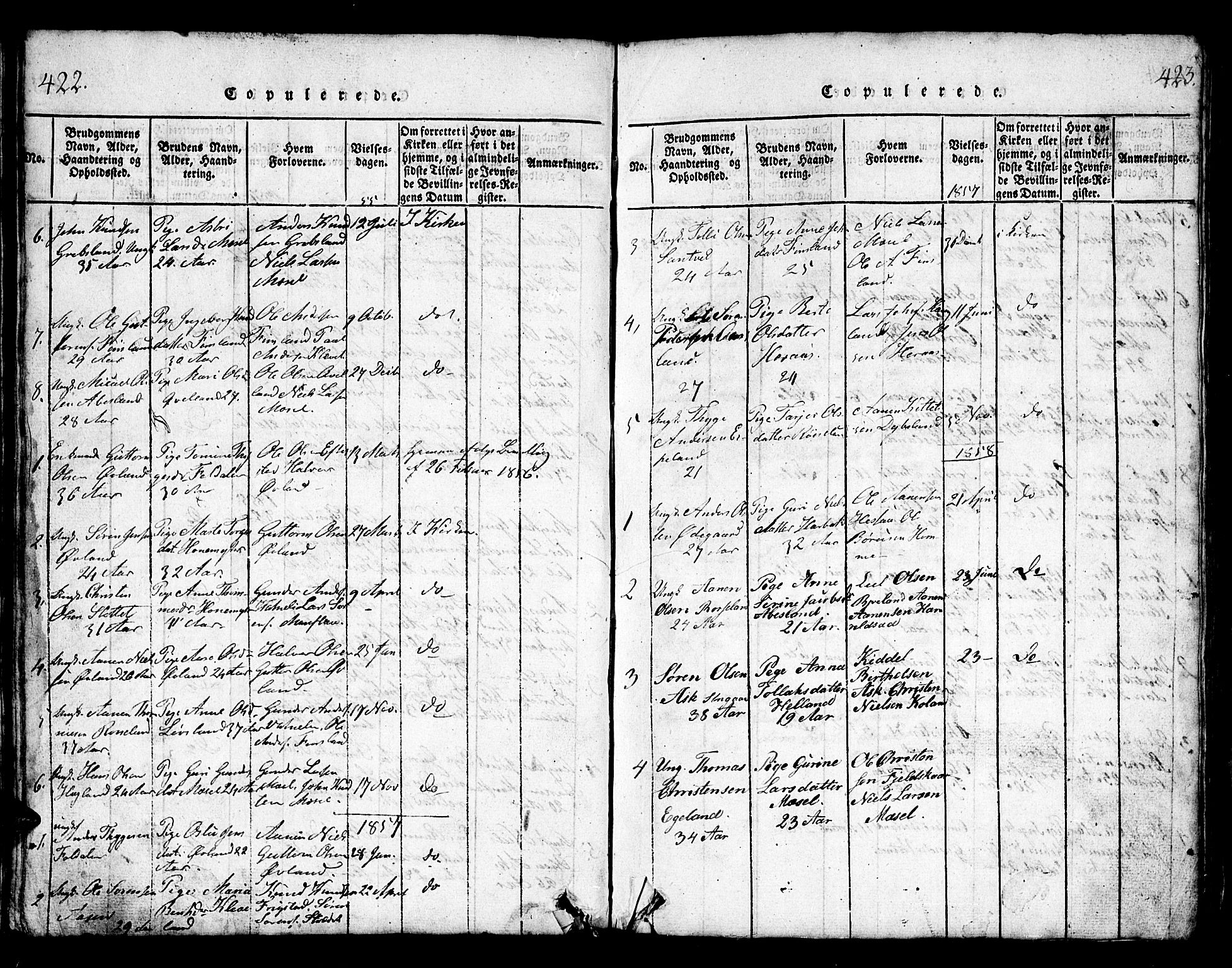 Bjelland sokneprestkontor, SAK/1111-0005/F/Fb/Fbb/L0003: Parish register (copy) no. B 3, 1816-1868, p. 422-423