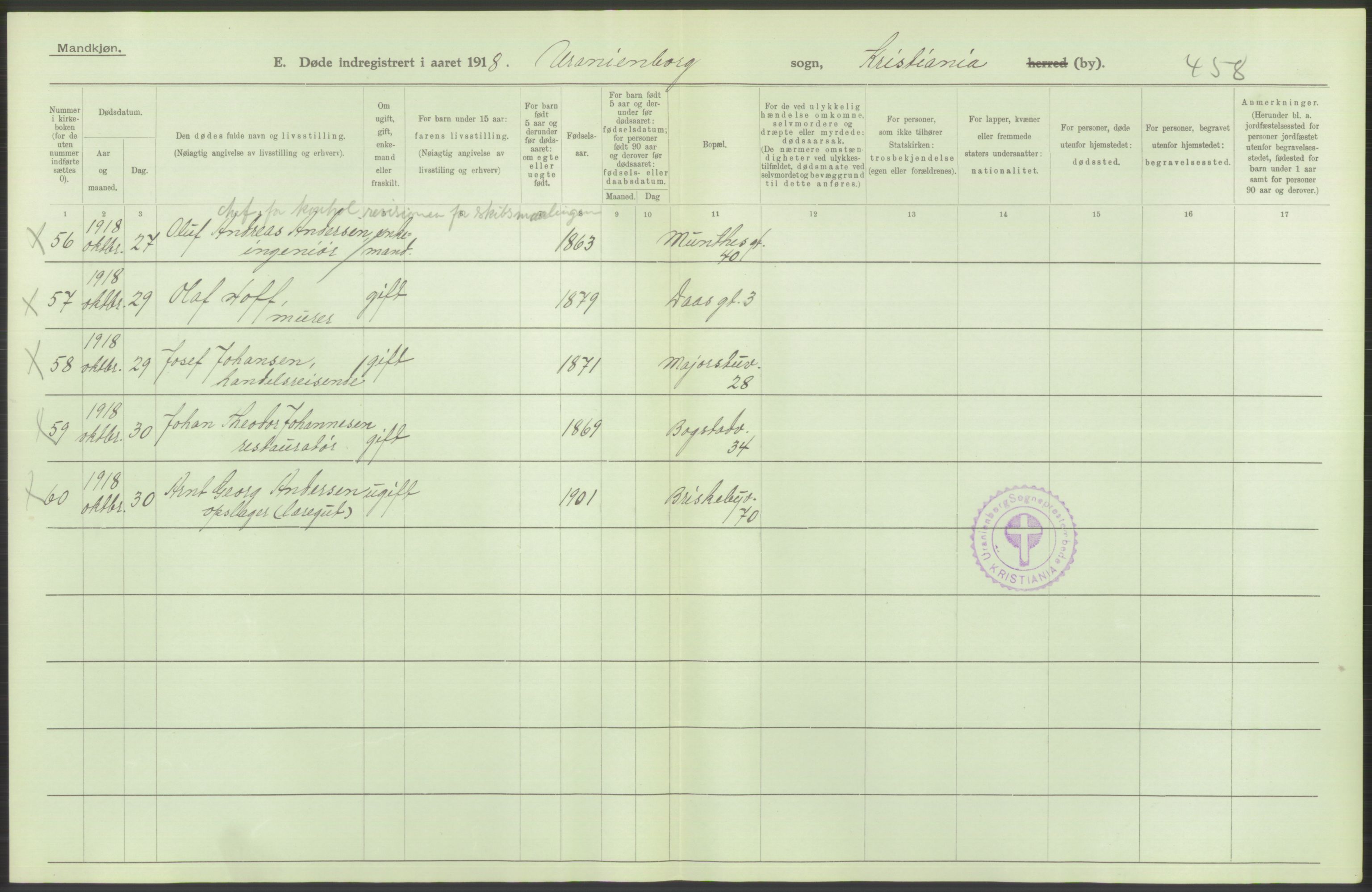 Statistisk sentralbyrå, Sosiodemografiske emner, Befolkning, AV/RA-S-2228/D/Df/Dfb/Dfbh/L0010: Kristiania: Døde, 1918, p. 202