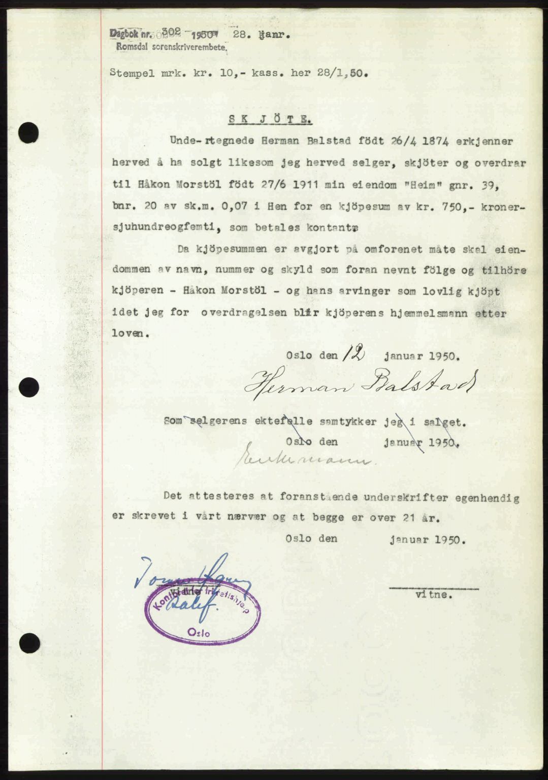 Romsdal sorenskriveri, AV/SAT-A-4149/1/2/2C: Mortgage book no. A32, 1950-1950, Diary no: : 302/1950