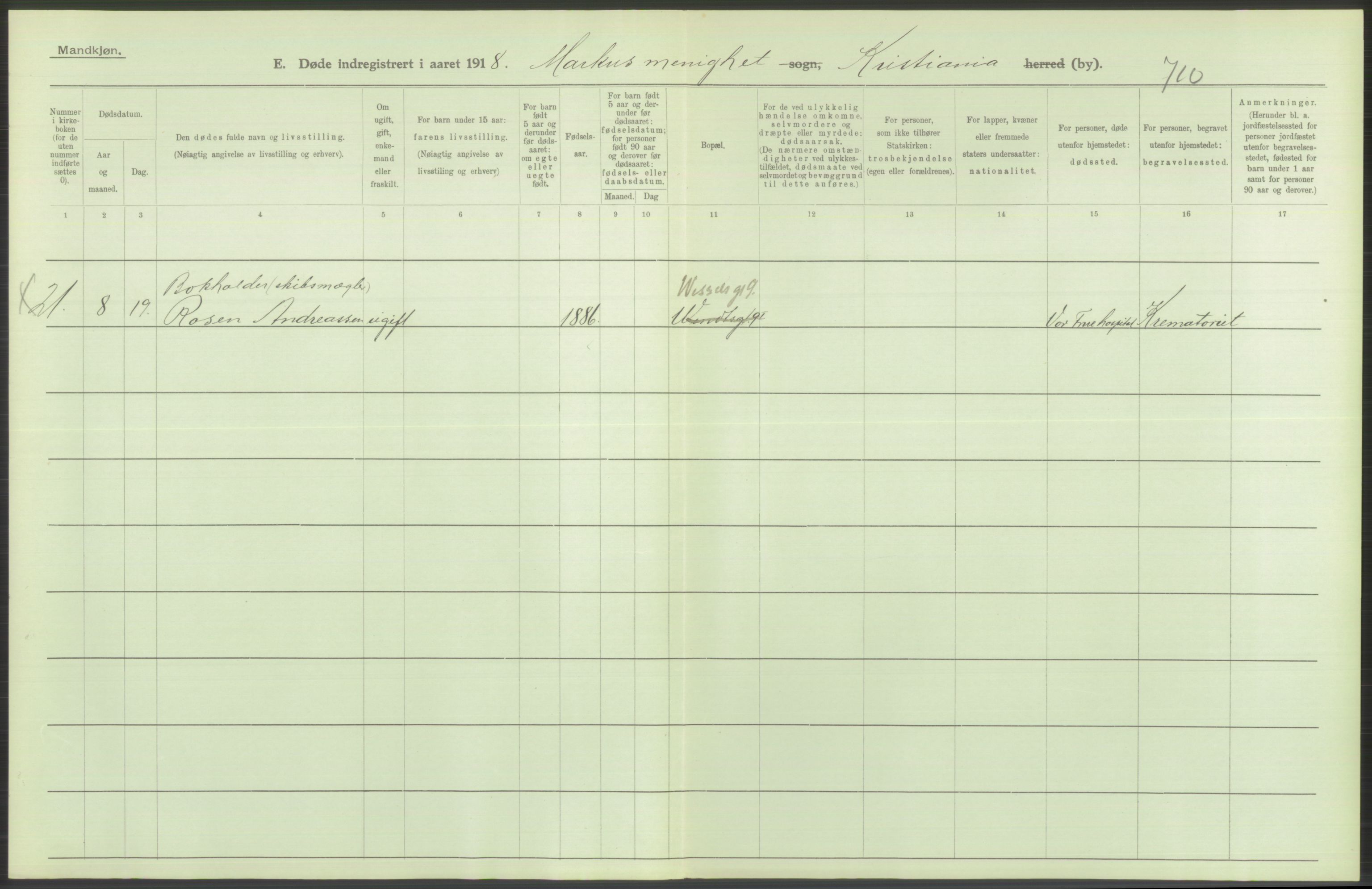 Statistisk sentralbyrå, Sosiodemografiske emner, Befolkning, AV/RA-S-2228/D/Df/Dfb/Dfbh/L0010: Kristiania: Døde, 1918, p. 418