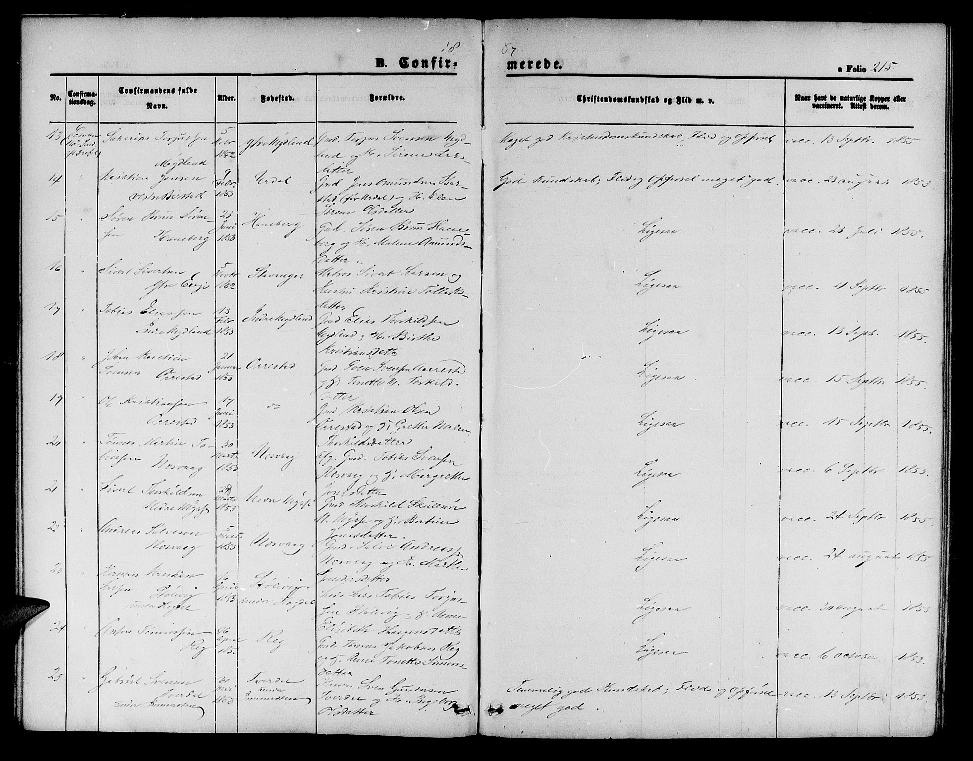 Sokndal sokneprestkontor, SAST/A-101808: Parish register (copy) no. B 3, 1865-1879, p. 215