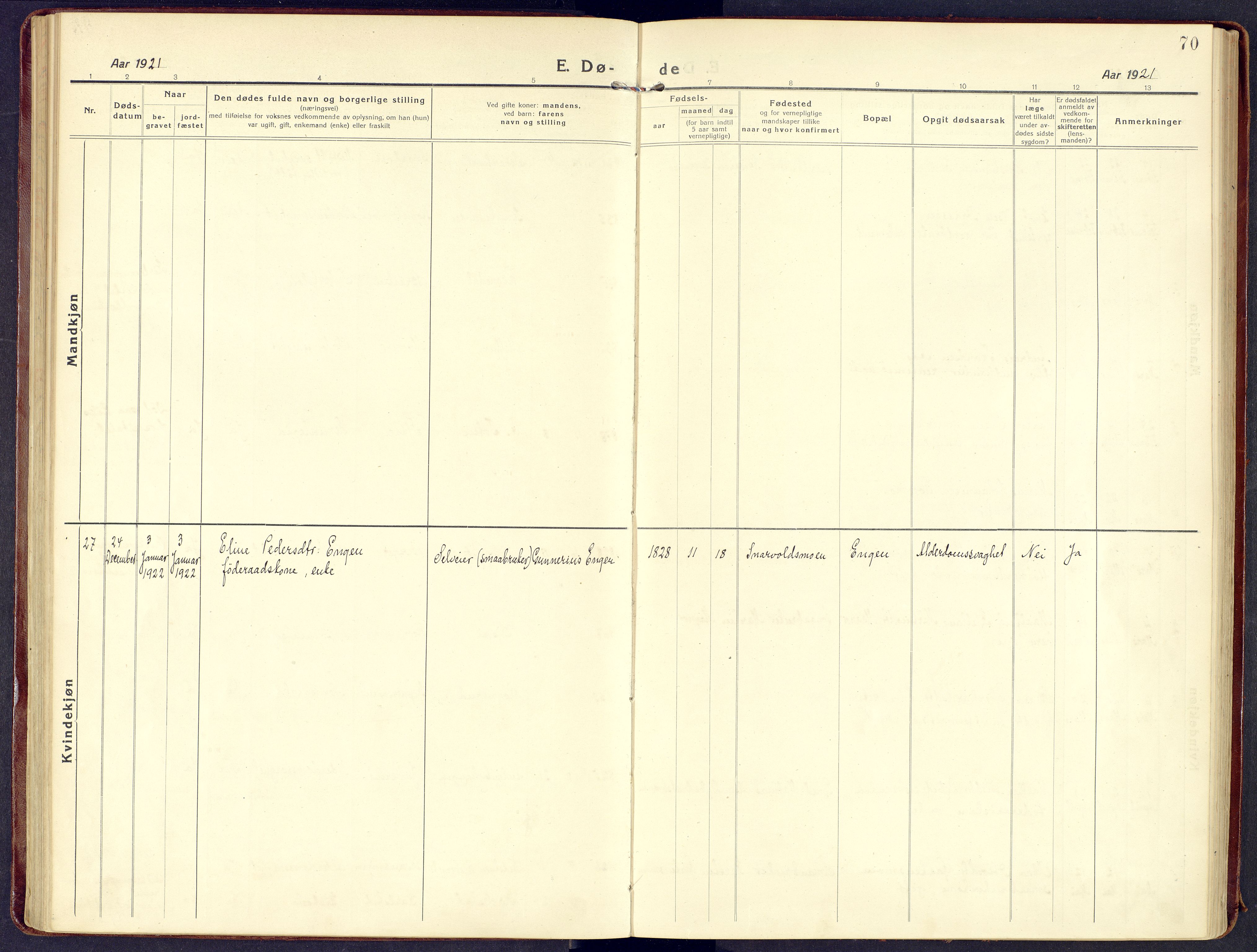 Våler prestekontor, Hedmark, AV/SAH-PREST-040/H/Ha/Haa/L0011: Parish register (official) no. 11, 1919-1933, p. 70