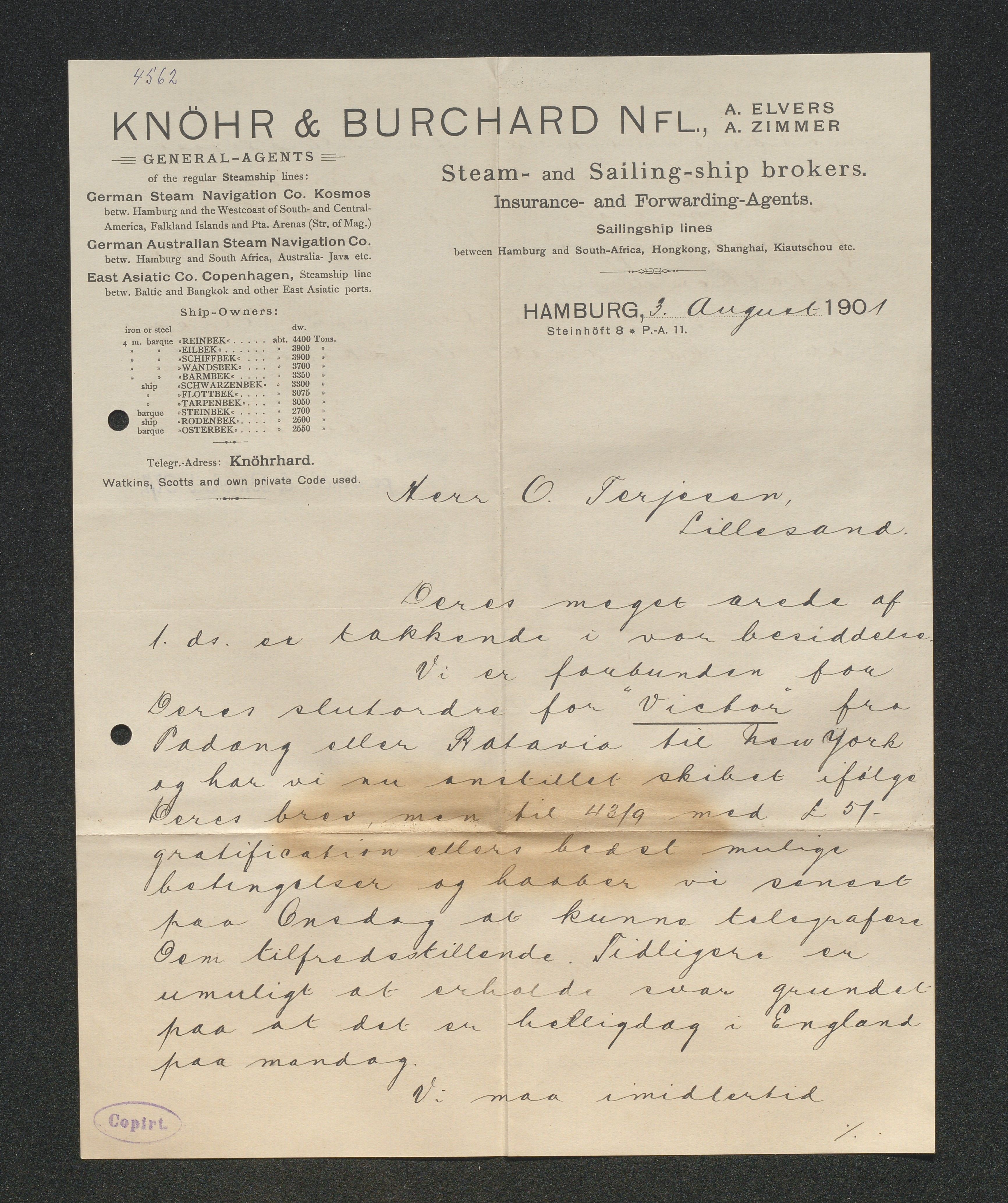 O. Terjesens rederi, AAKS/PA-2525/E/E01/L0009: Korrespondanse, 1901