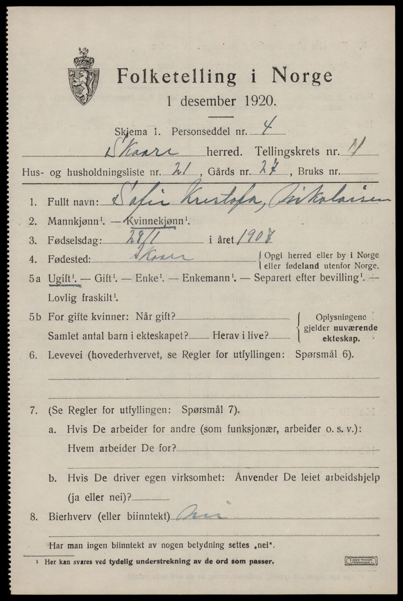 SAST, 1920 census for Skåre, 1920, p. 8470