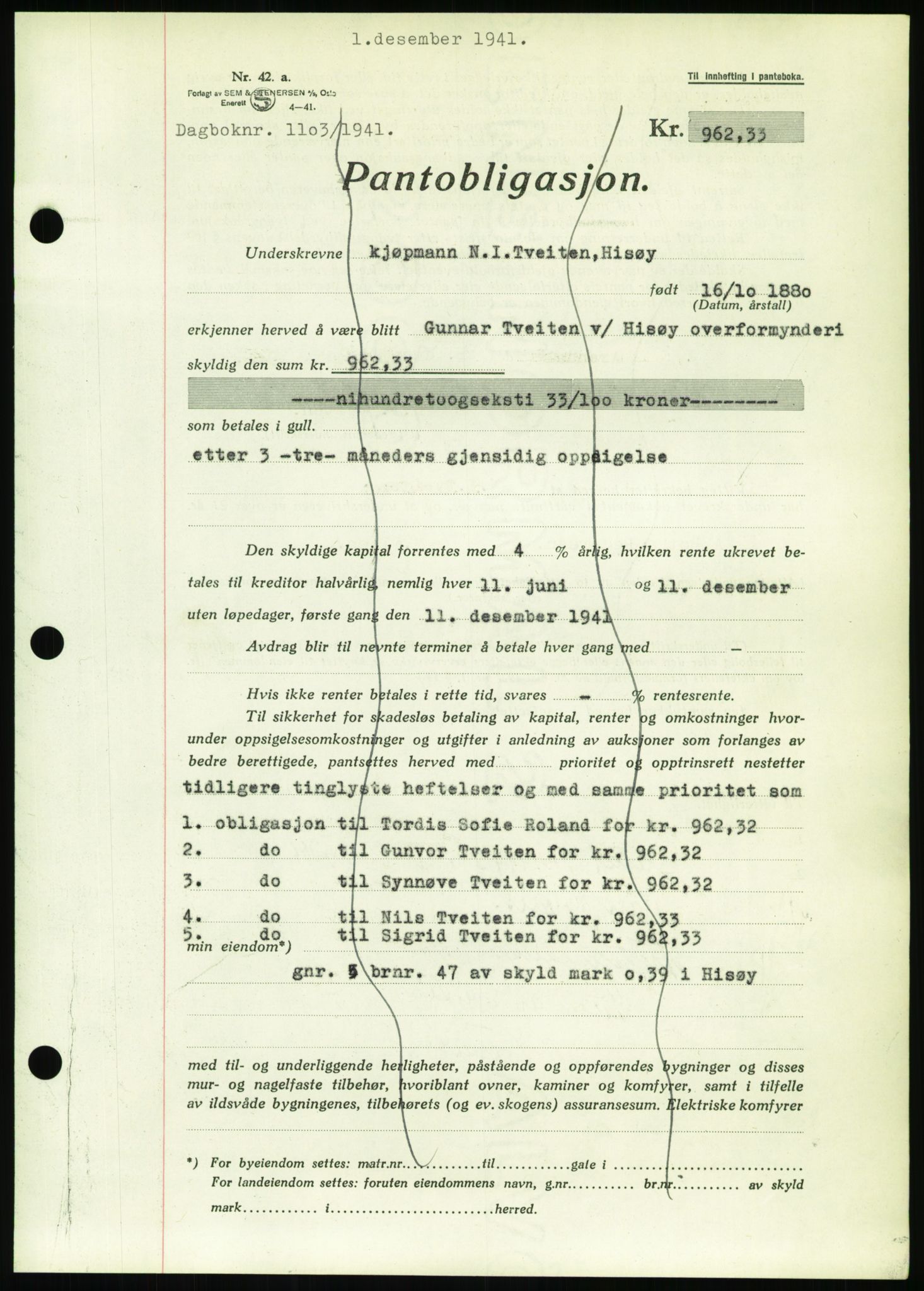 Nedenes sorenskriveri, SAK/1221-0006/G/Gb/Gbb/L0001: Mortgage book no. I, 1939-1942, Diary no: : 1103/1941