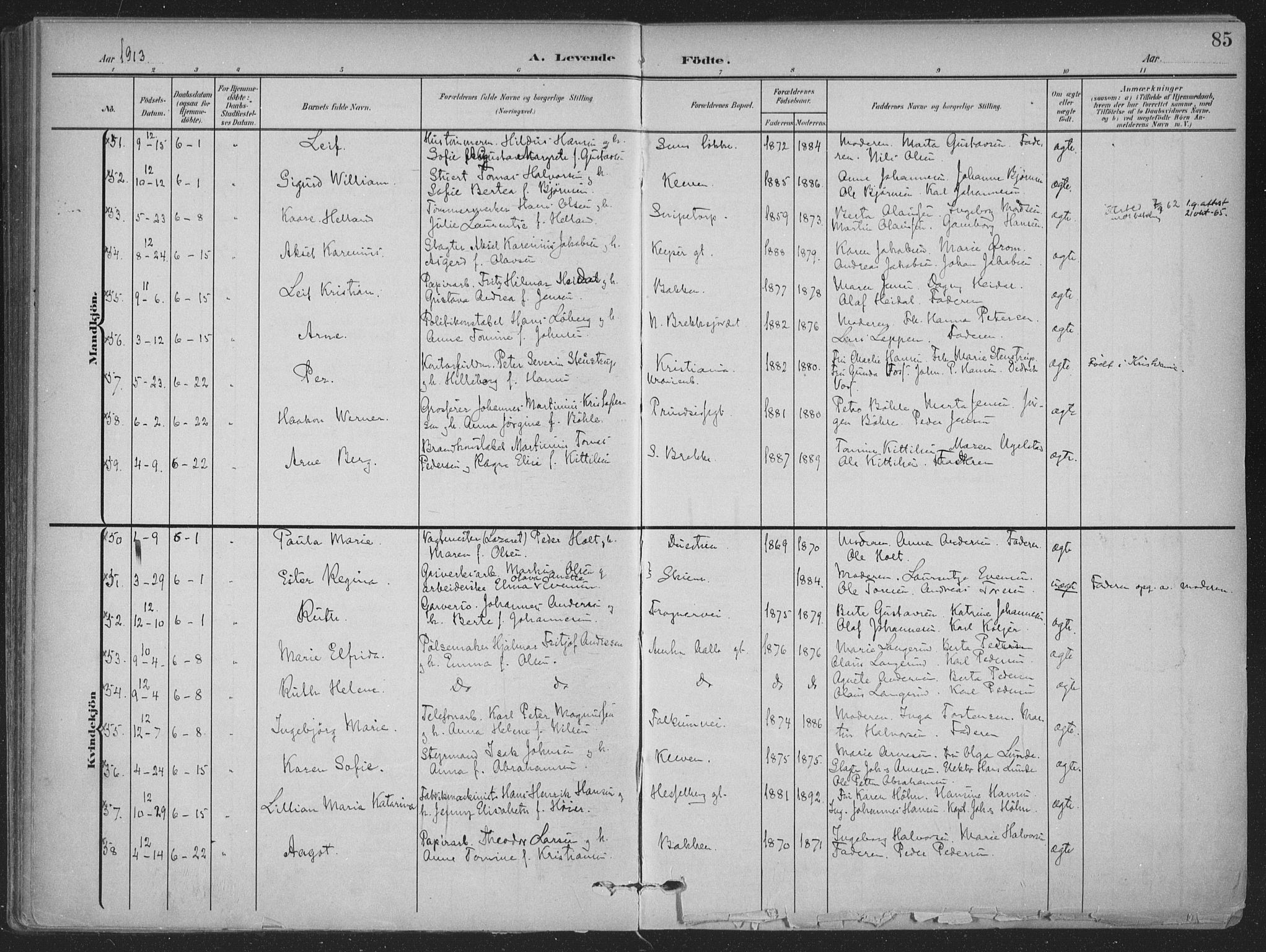 Skien kirkebøker, SAKO/A-302/F/Fa/L0012: Parish register (official) no. 12, 1908-1914, p. 85
