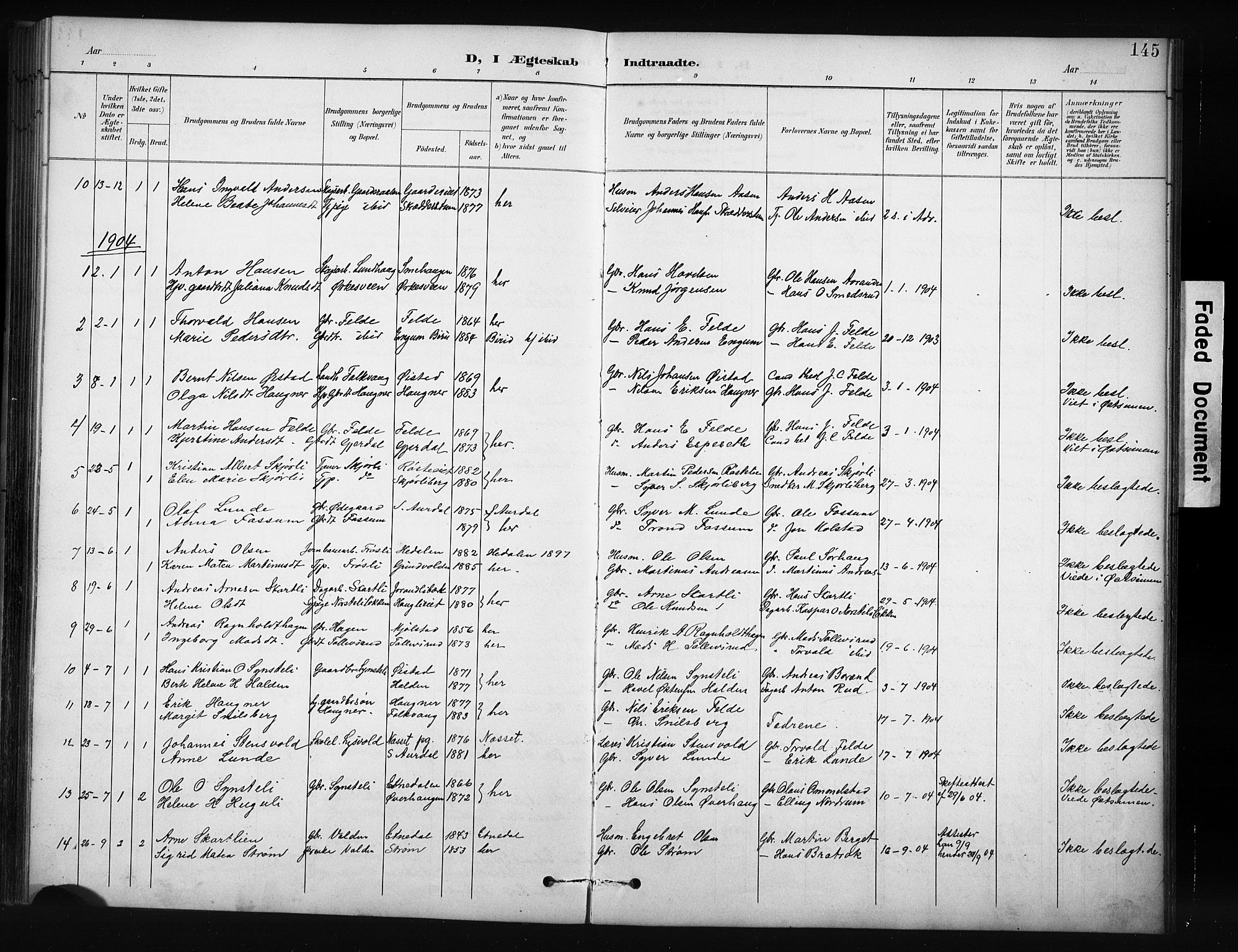 Nordre Land prestekontor, SAH/PREST-124/H/Ha/Hab/L0012: Parish register (copy) no. 12, 1891-1909, p. 145