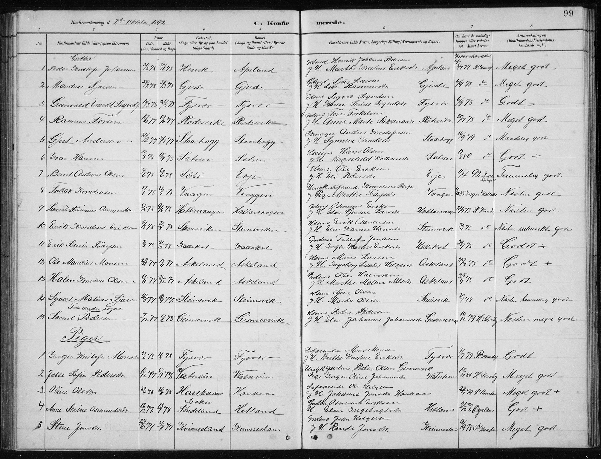 Tysvær sokneprestkontor, SAST/A -101864/H/Ha/Hab/L0004: Parish register (copy) no. B 4, 1883-1896, p. 99
