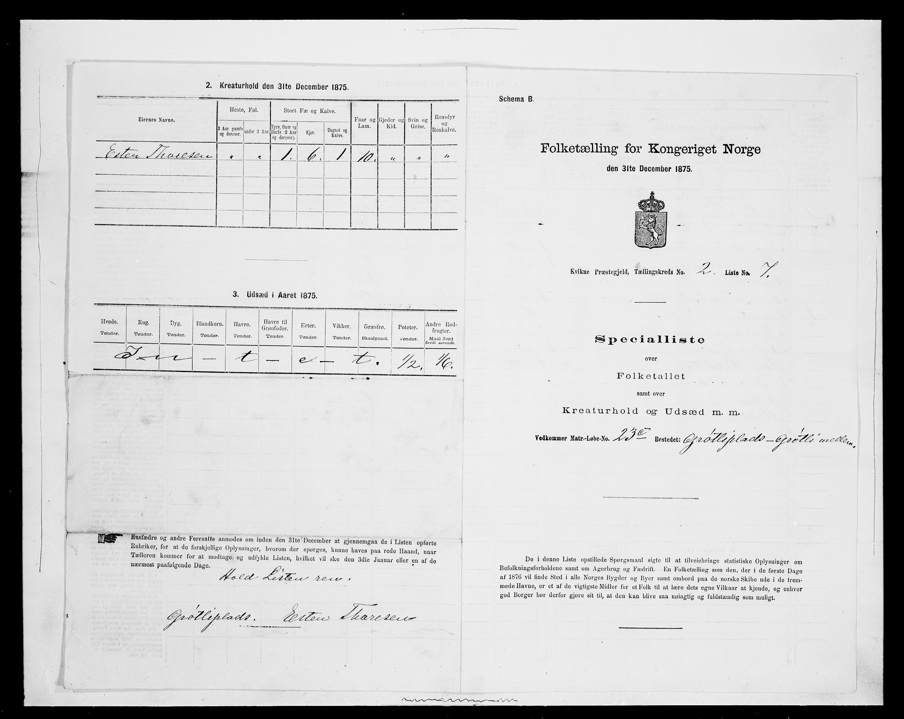 SAH, 1875 census for 0440P Kvikne, 1875, p. 141