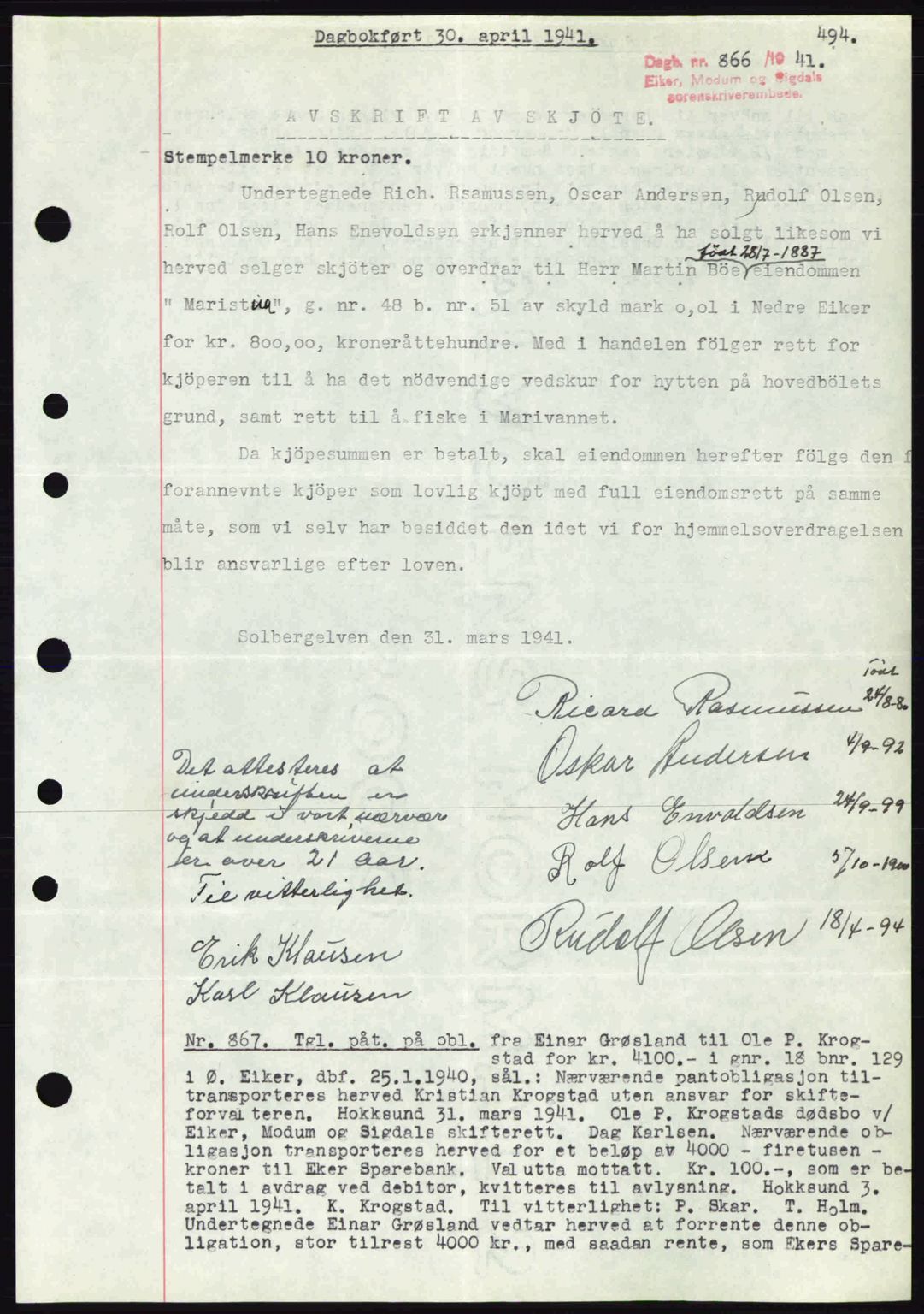 Eiker, Modum og Sigdal sorenskriveri, SAKO/A-123/G/Ga/Gab/L0043: Mortgage book no. A13, 1940-1941, Diary no: : 866/1941