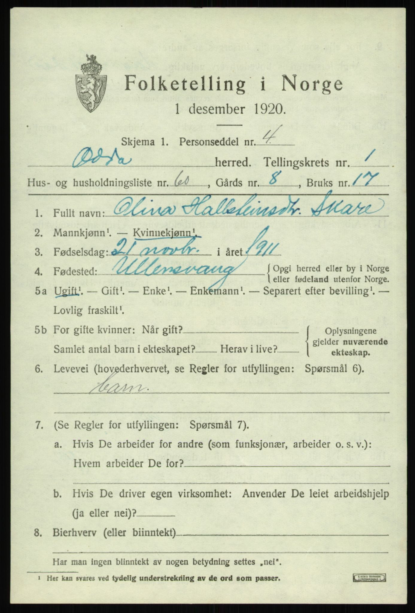 SAB, 1920 census for Odda, 1920, p. 1837