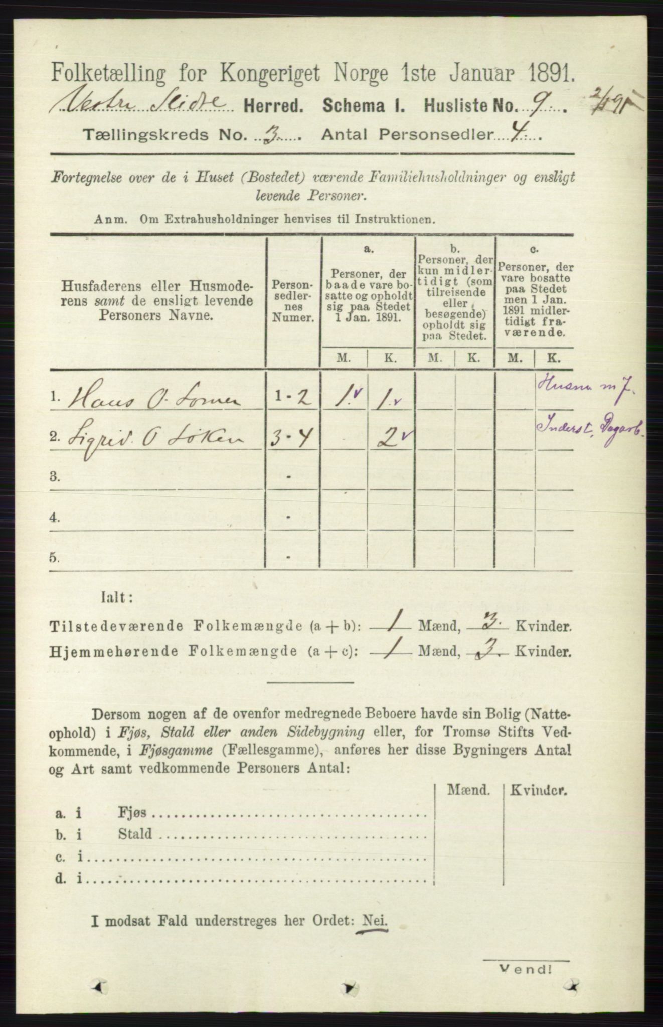 RA, 1891 census for 0543 Vestre Slidre, 1891, p. 772