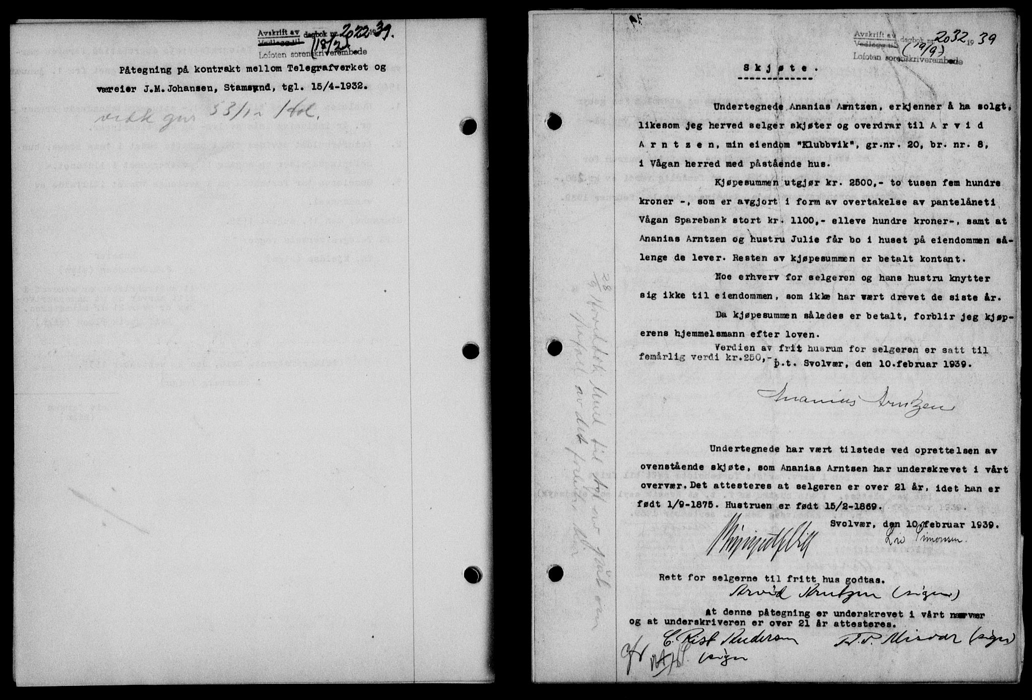 Lofoten sorenskriveri, SAT/A-0017/1/2/2C/L0006a: Mortgage book no. 6a, 1939-1939, Diary no: : 2032/1939