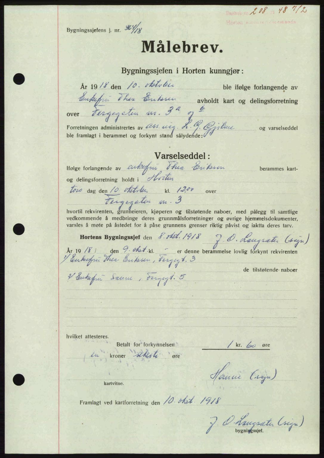 Horten sorenskriveri, AV/SAKO-A-133/G/Ga/Gaa/L0010: Mortgage book no. A-10, 1947-1948, Diary no: : 208/1948