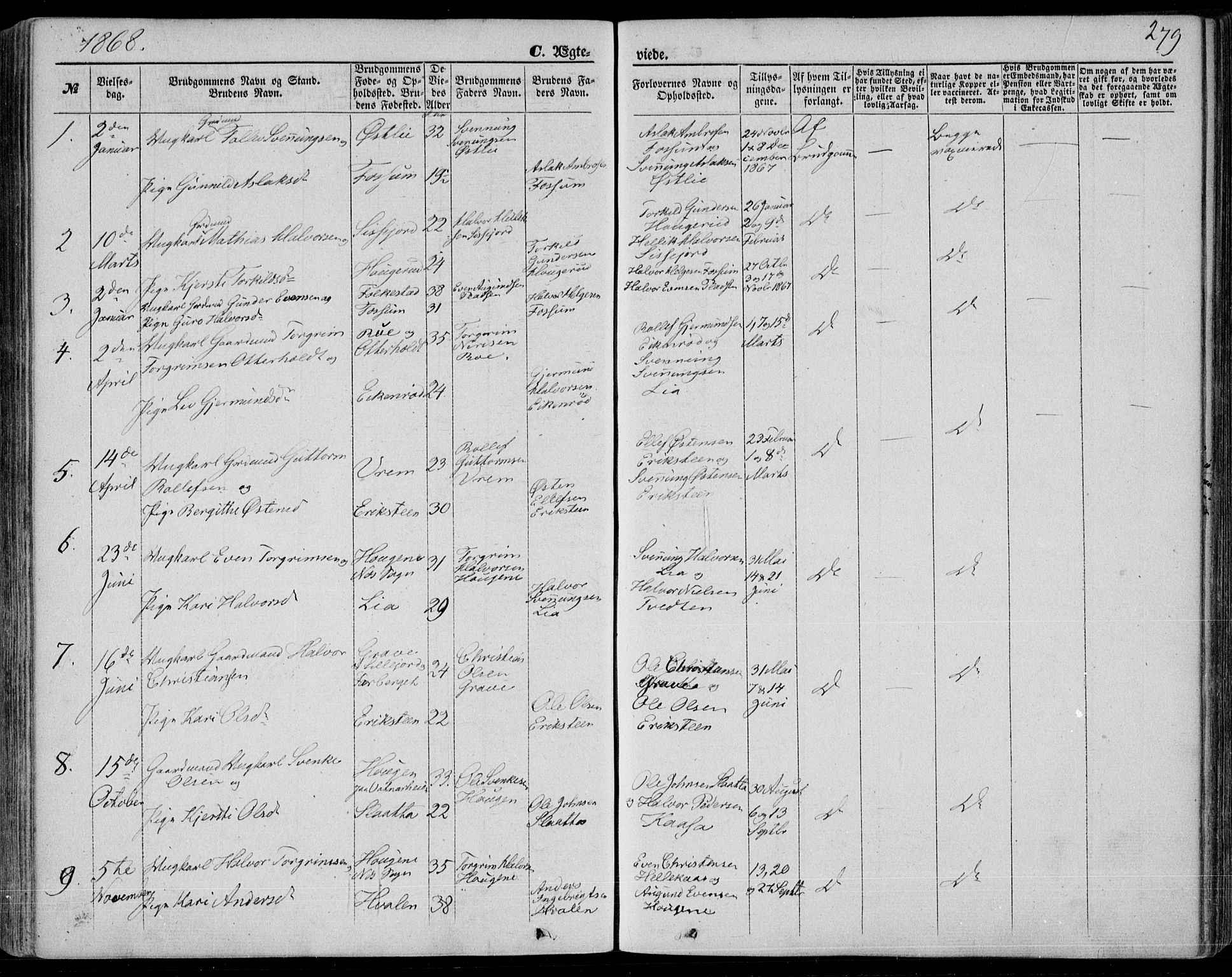 Bø kirkebøker, SAKO/A-257/F/Fa/L0009: Parish register (official) no. 9, 1862-1879, p. 279