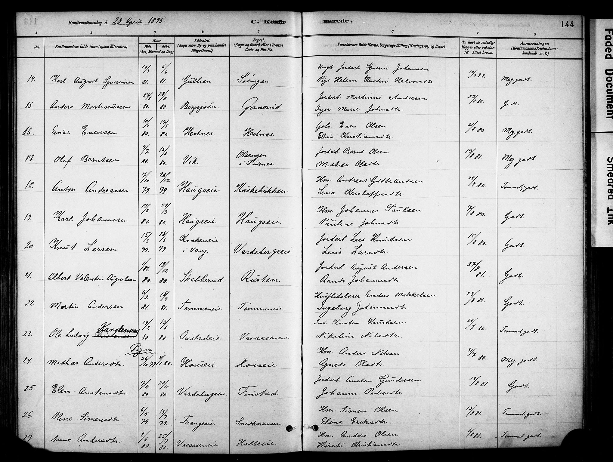 Stange prestekontor, AV/SAH-PREST-002/K/L0018: Parish register (official) no. 18, 1880-1896, p. 144