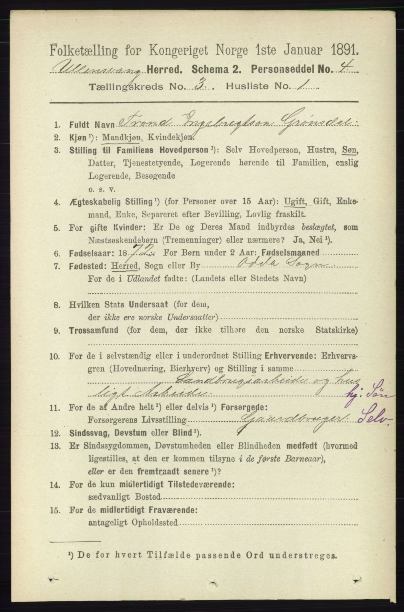 RA, 1891 census for 1230 Ullensvang, 1891, p. 588