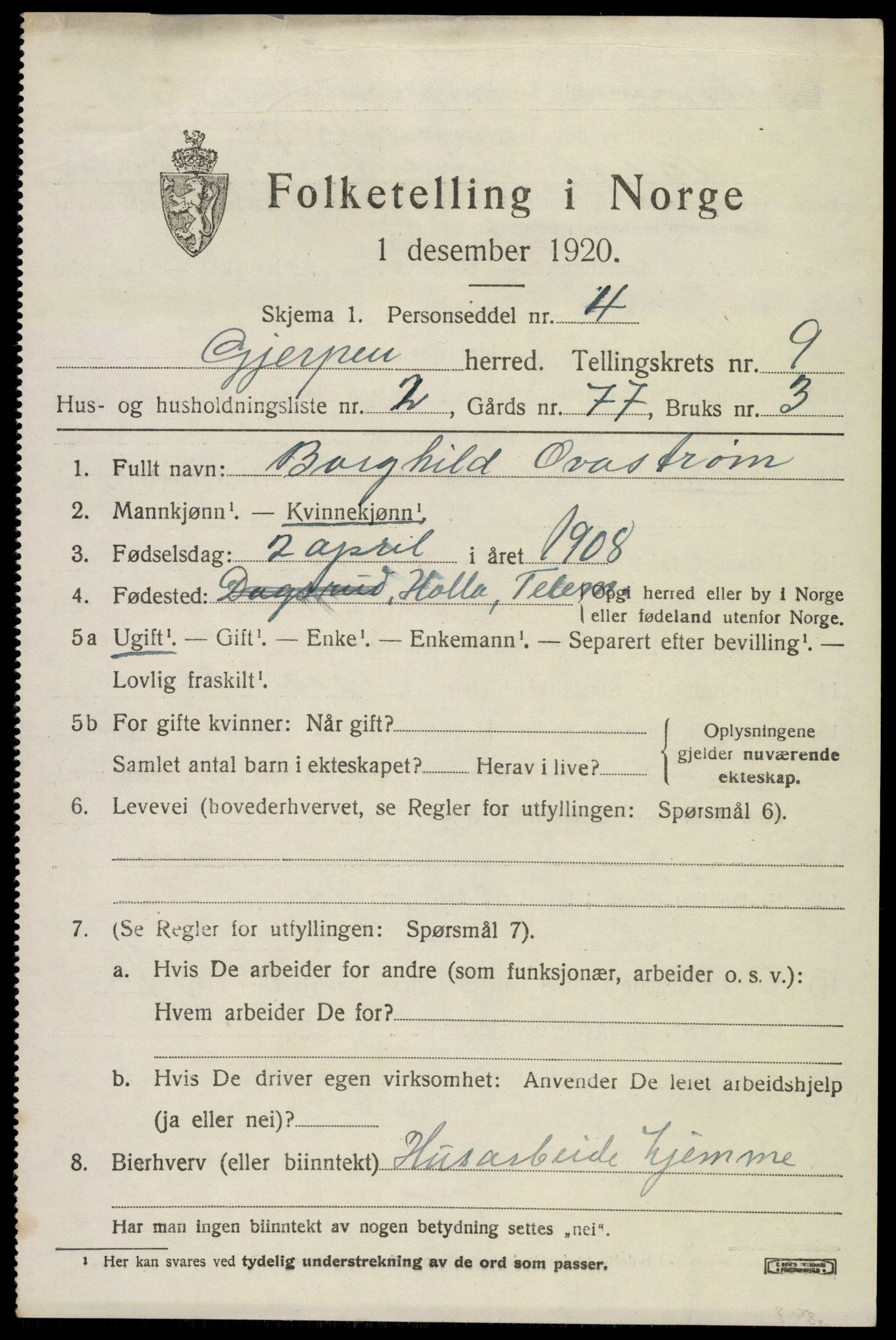 SAKO, 1920 census for Gjerpen, 1920, p. 10796