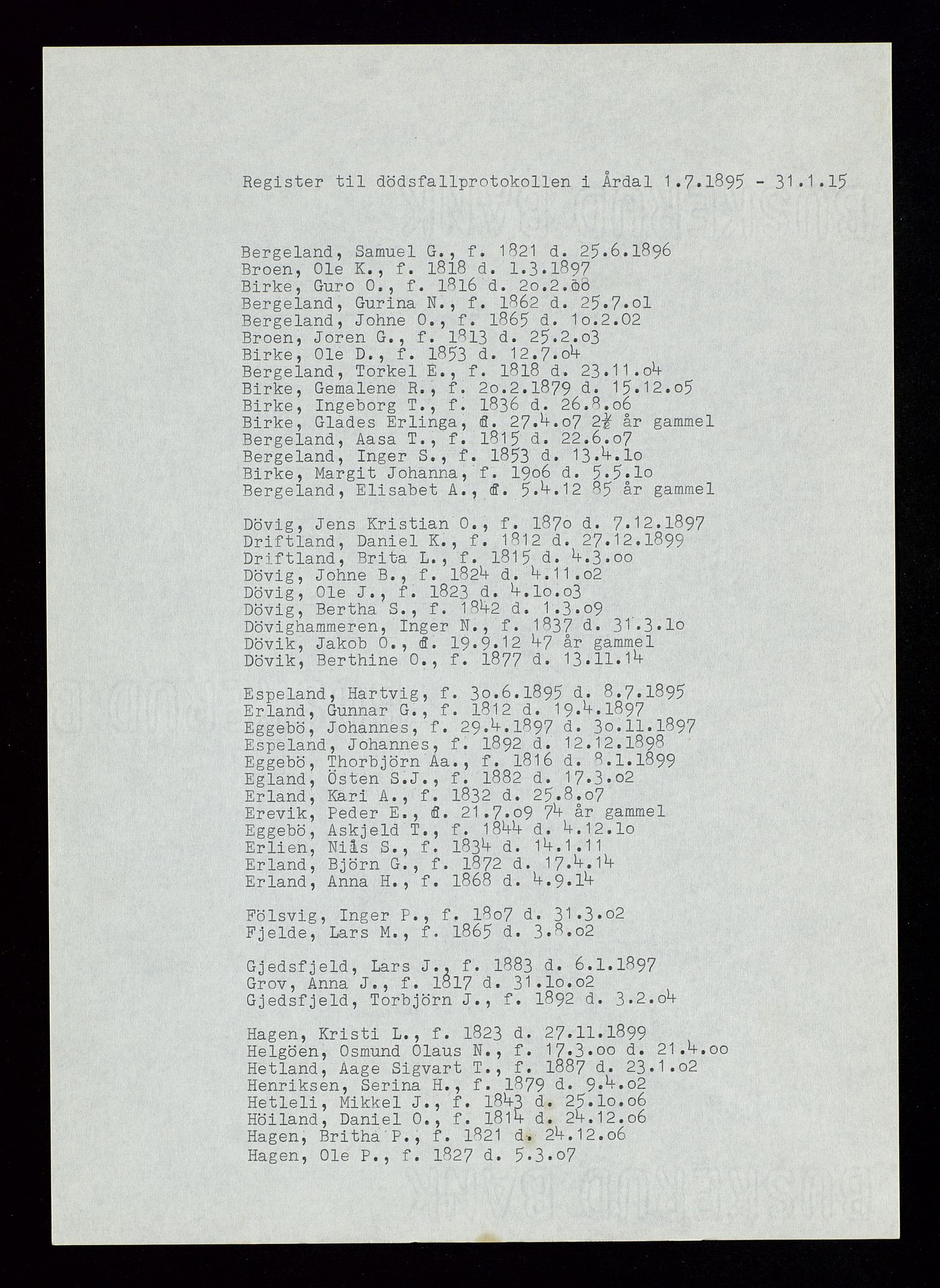 Årdal lensmannskontor, SAST/A-100453/Gga/L0001: "Register til dødsfallprotokollene i Årdal", 1885-1964, p. 5