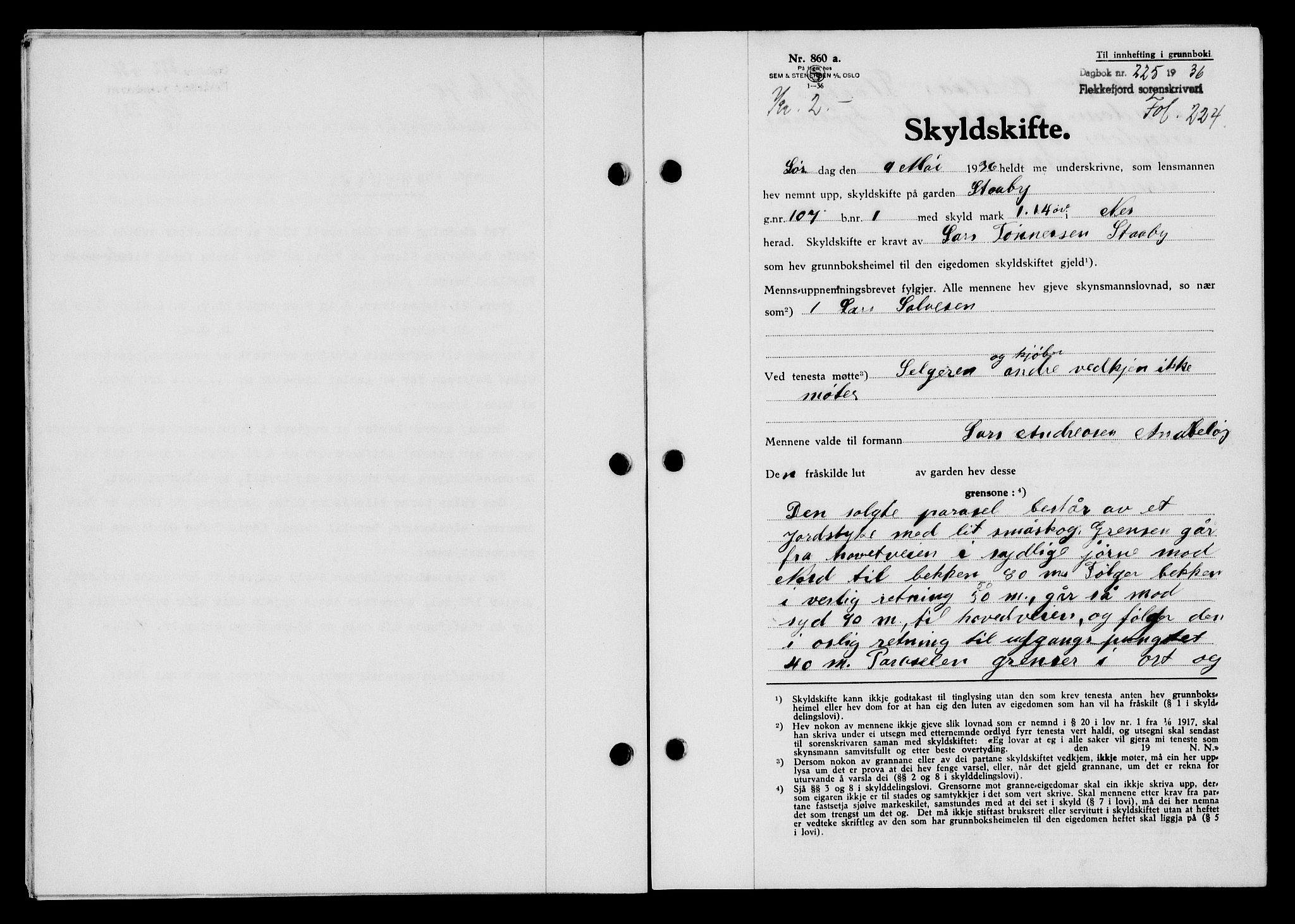 Flekkefjord sorenskriveri, SAK/1221-0001/G/Gb/Gba/L0053: Mortgage book no. A-1, 1936-1937, Diary no: : 225/1936