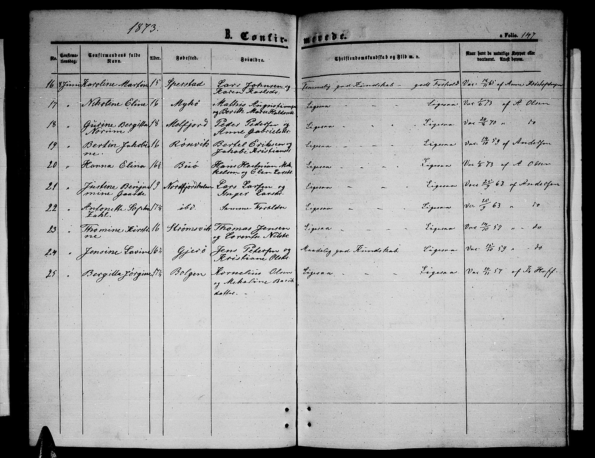 Ministerialprotokoller, klokkerbøker og fødselsregistre - Nordland, AV/SAT-A-1459/841/L0619: Parish register (copy) no. 841C03, 1856-1876, p. 147