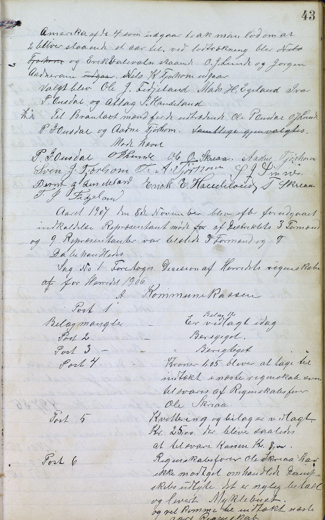 Øvre Sirdal kommune - Formannskapet/Kommunestyret, ARKSOR/1046ØS120/A/L0001: Møtebok (d), 1905-1917, p. 43