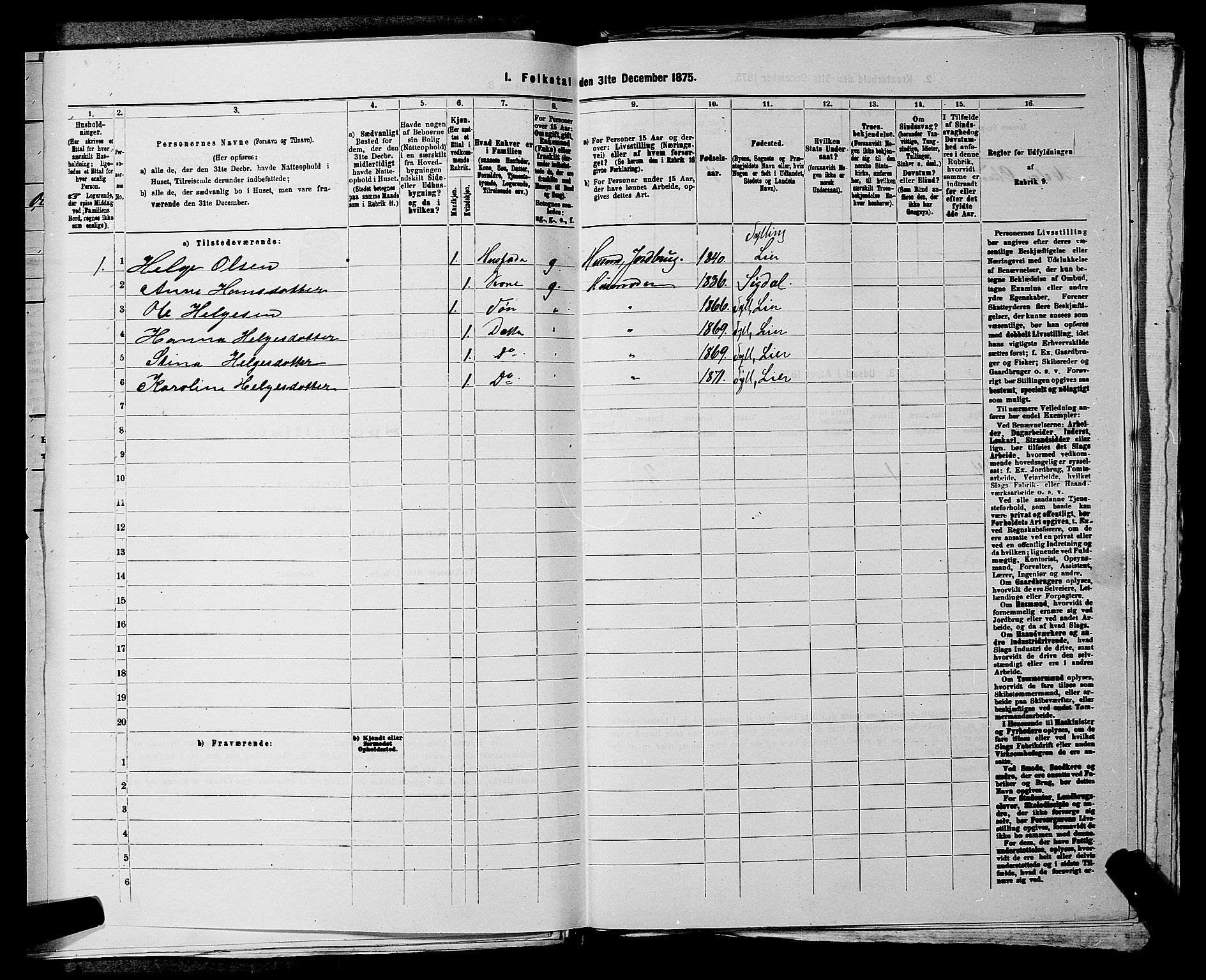 SAKO, 1875 census for 0626P Lier, 1875, p. 2284