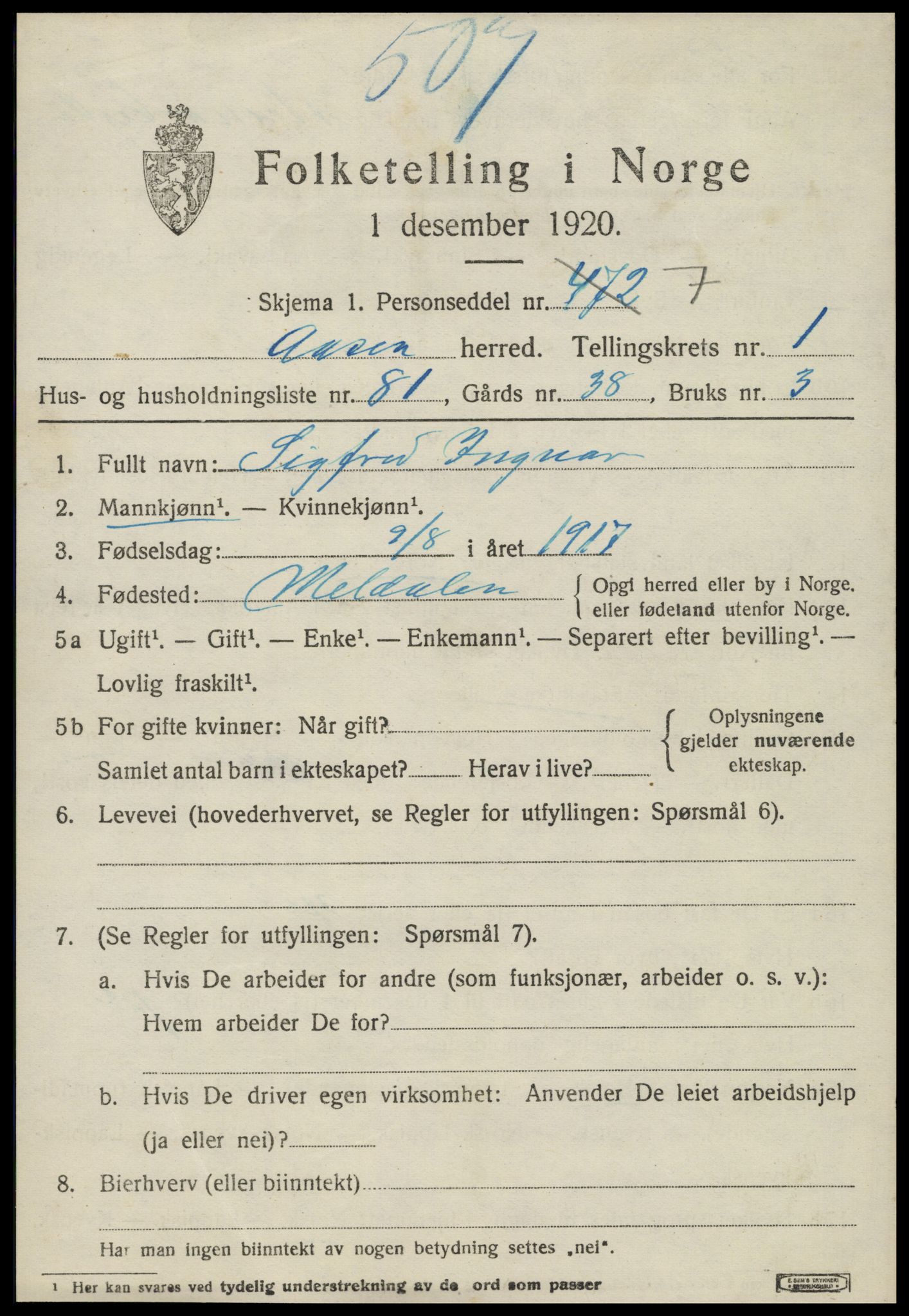 SAT, 1920 census for Åsen, 1920, p. 1704