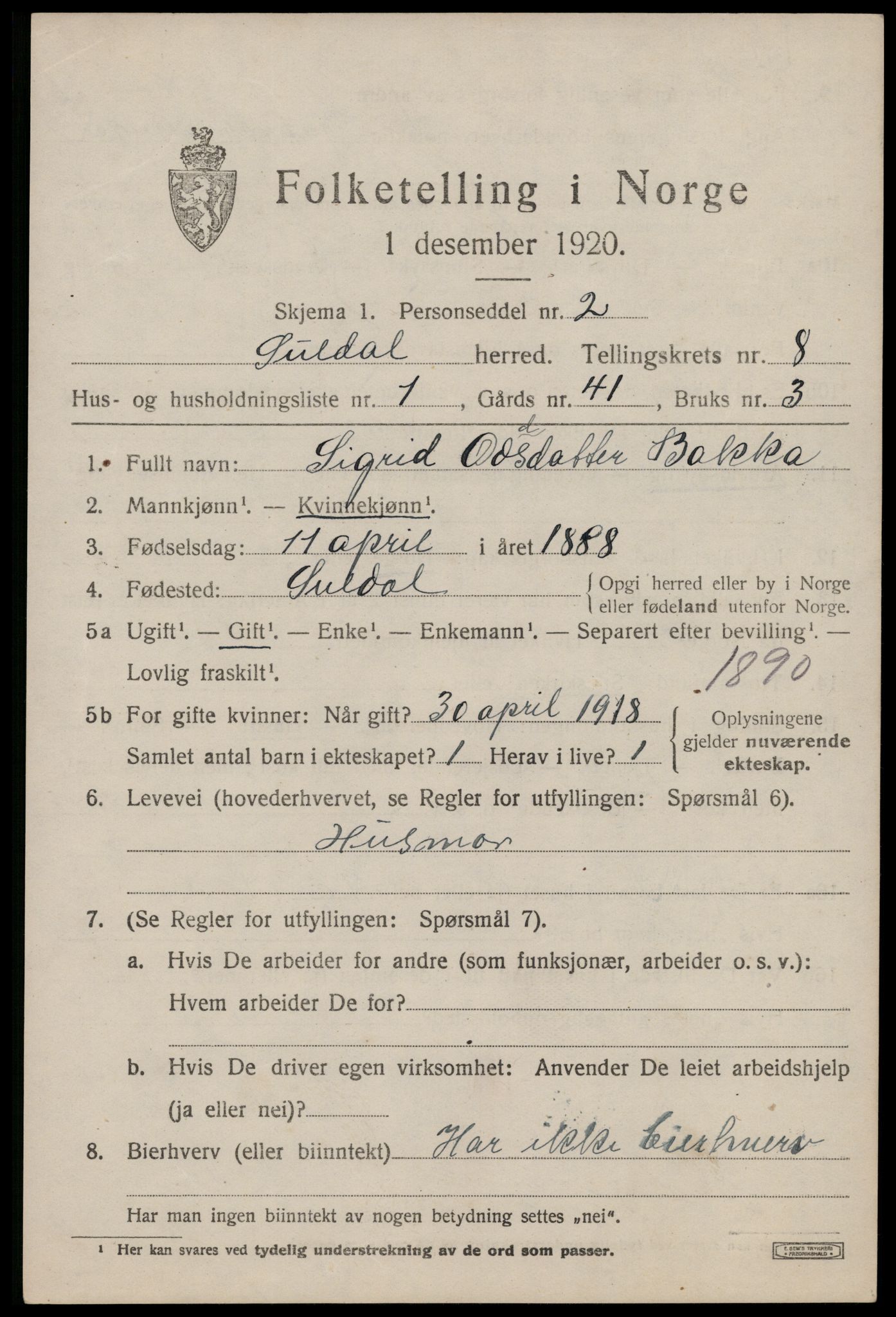 SAST, 1920 census for Suldal, 1920, p. 1852