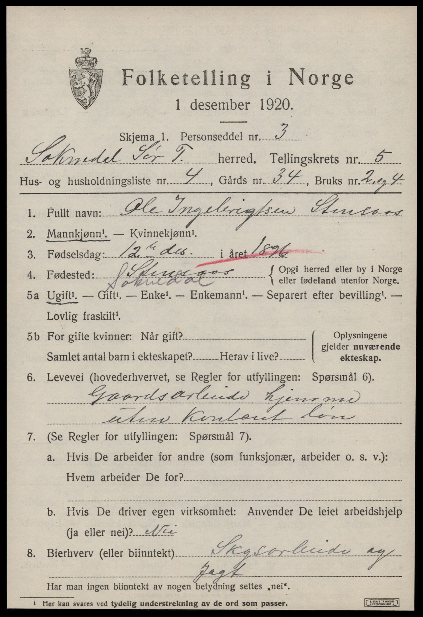 SAT, 1920 census for Soknedal, 1920, p. 2694