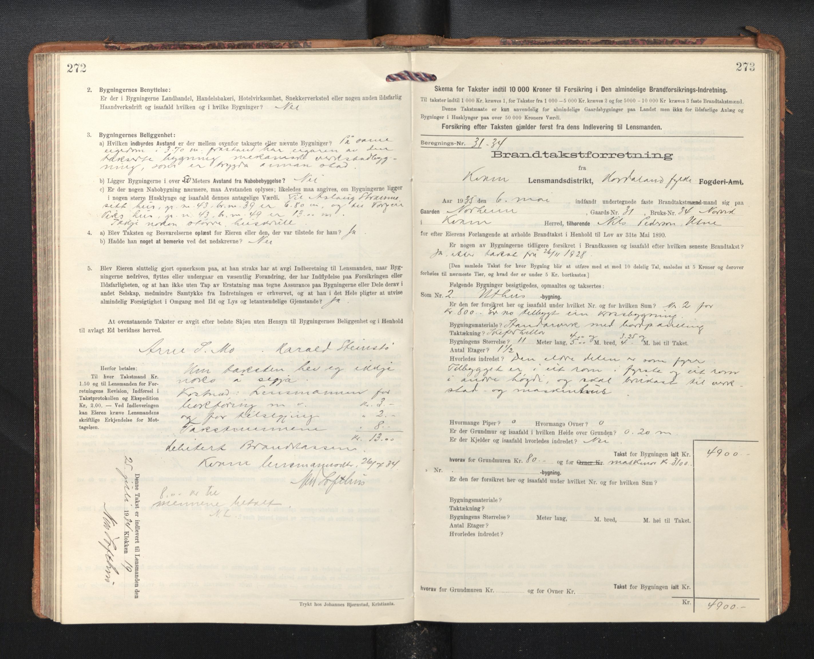 Lensmannen i Kvam, SAB/A-33201/0012/L0006: Branntakstprotokoll, skjematakst, 1913-1955, p. 272-273