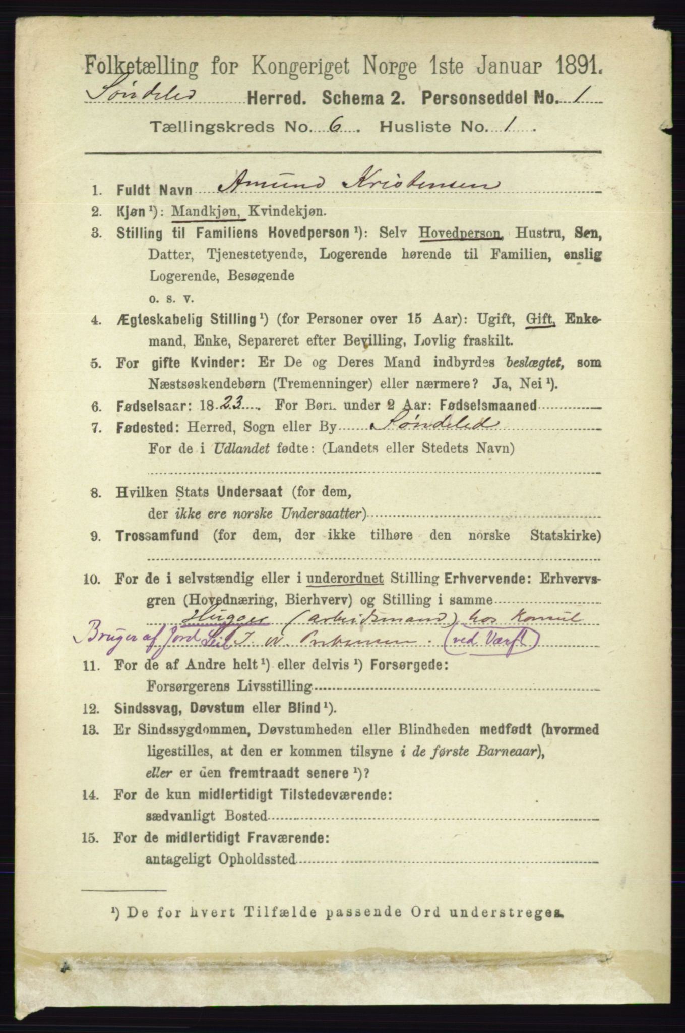 RA, 1891 census for 0913 Søndeled, 1891, p. 1814