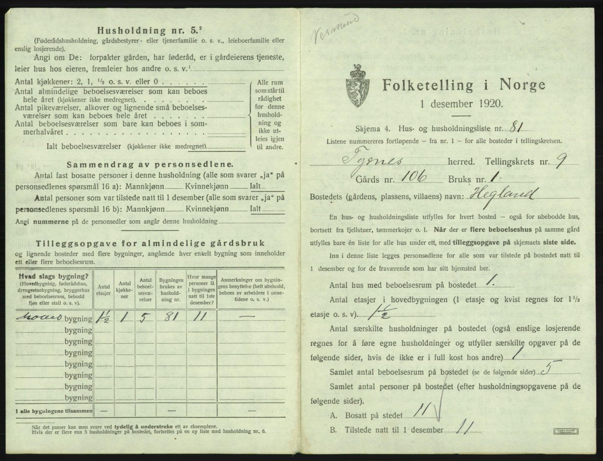 SAB, 1920 census for Tysnes, 1920, p. 974