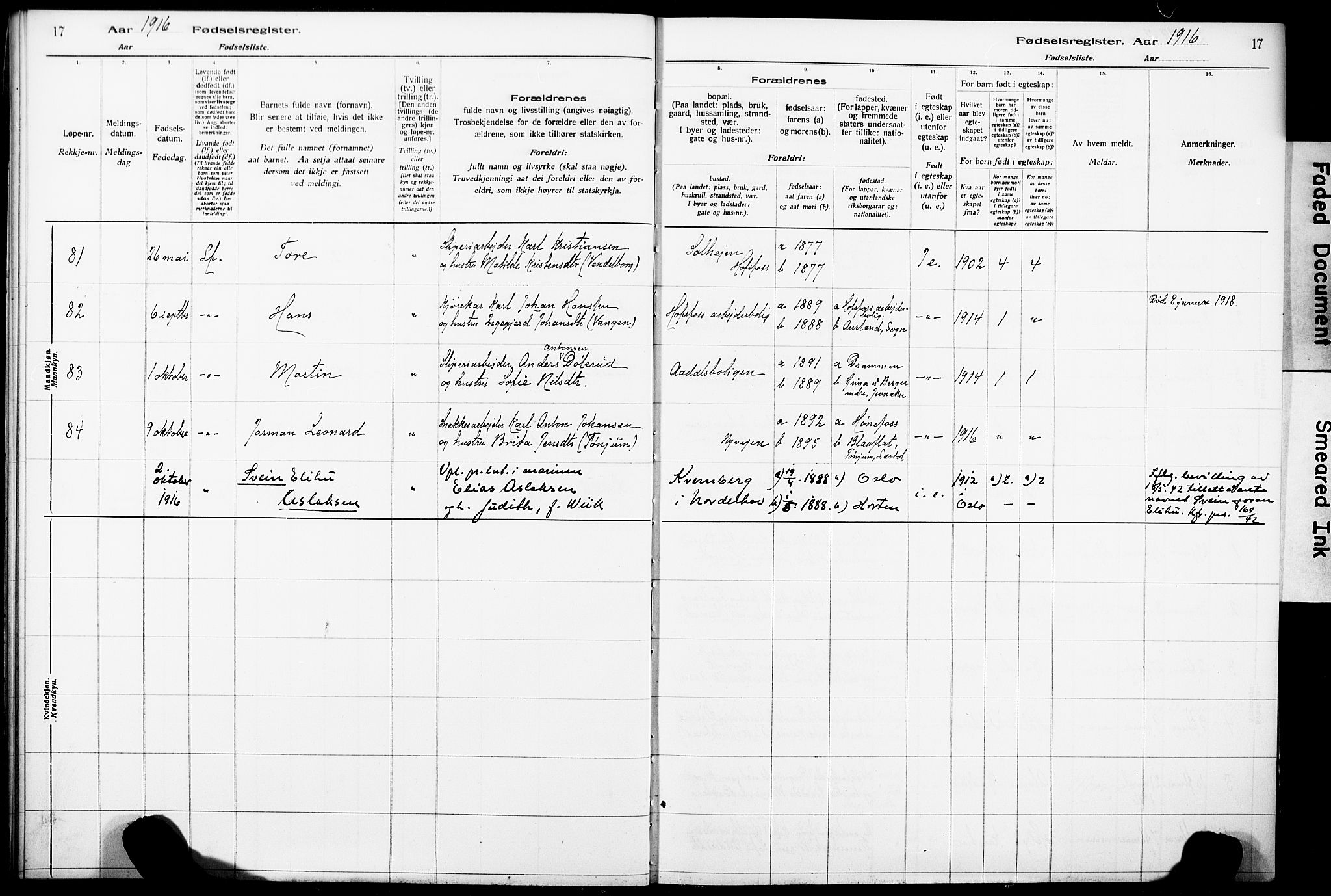 Norderhov kirkebøker, AV/SAKO-A-237/J/Ja/L0001: Birth register no. 1, 1916-1930, p. 17