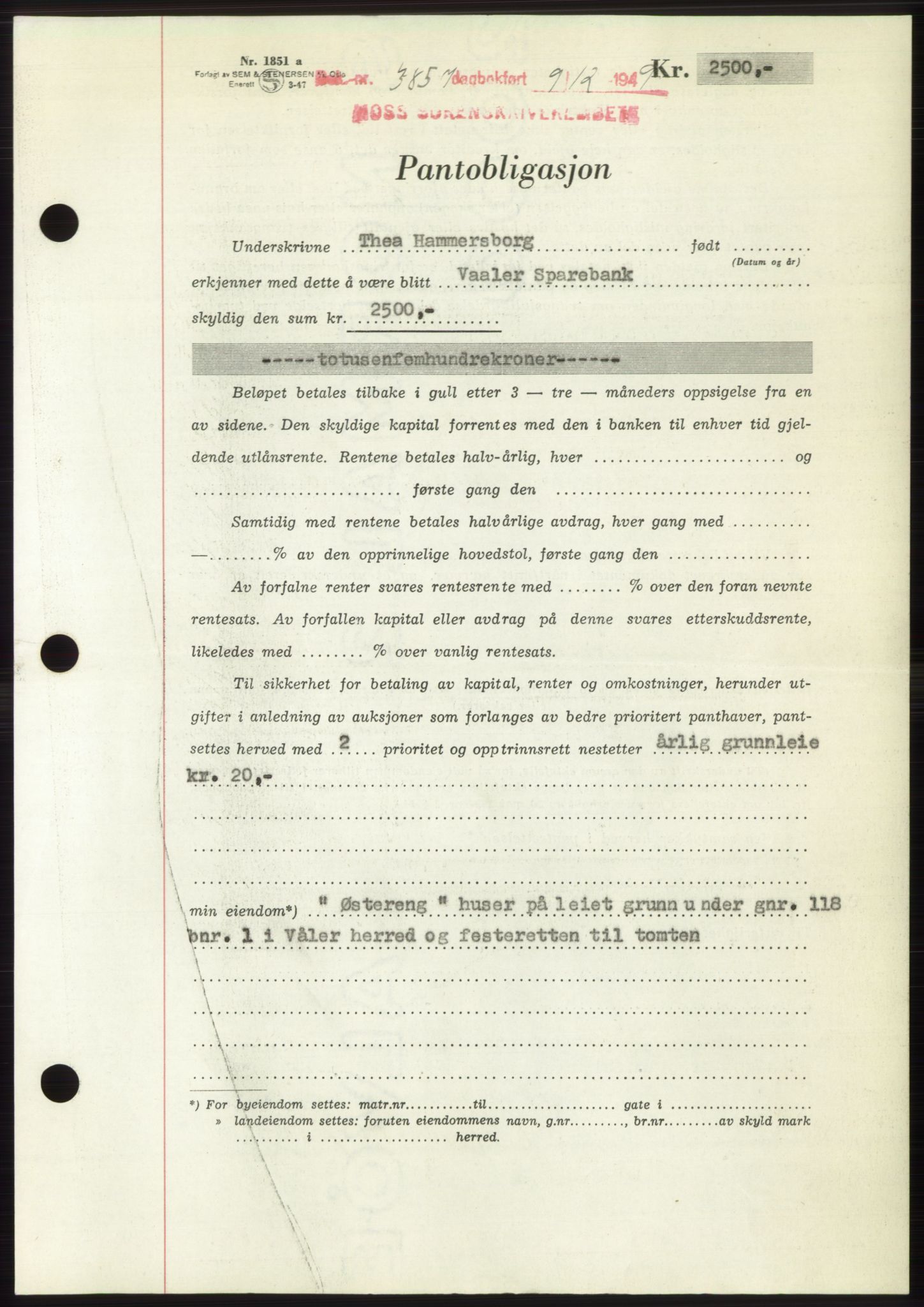 Moss sorenskriveri, SAO/A-10168: Mortgage book no. B23, 1949-1950, Diary no: : 3851/1949
