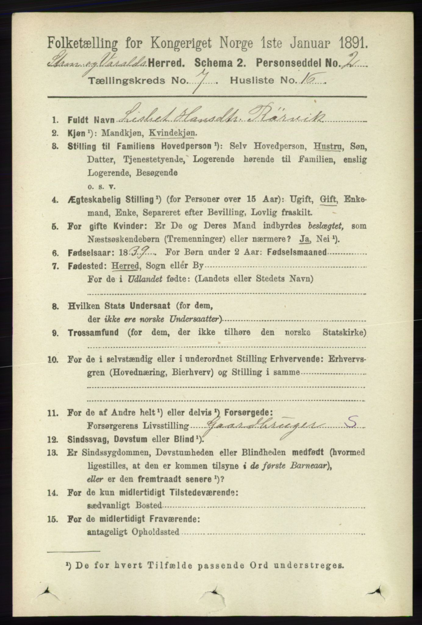 RA, 1891 census for 1226 Strandebarm og Varaldsøy, 1891, p. 2713