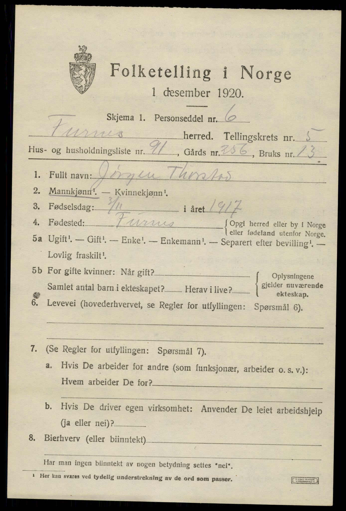 SAH, 1920 census for Furnes, 1920, p. 8159