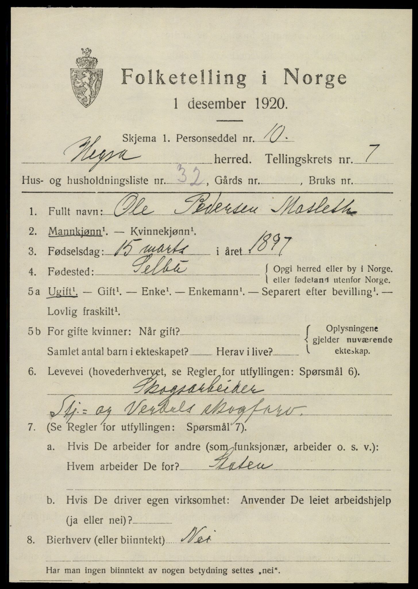 SAT, 1920 census for Hegra, 1920, p. 5582