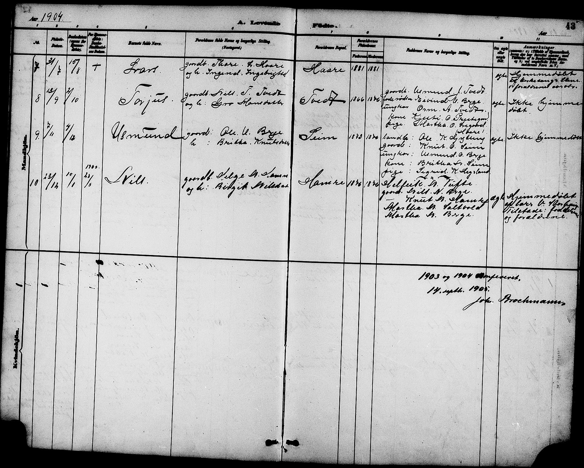 Røldal sokneprestembete, SAB/A-100247: Parish register (copy) no. A 3, 1887-1917, p. 43